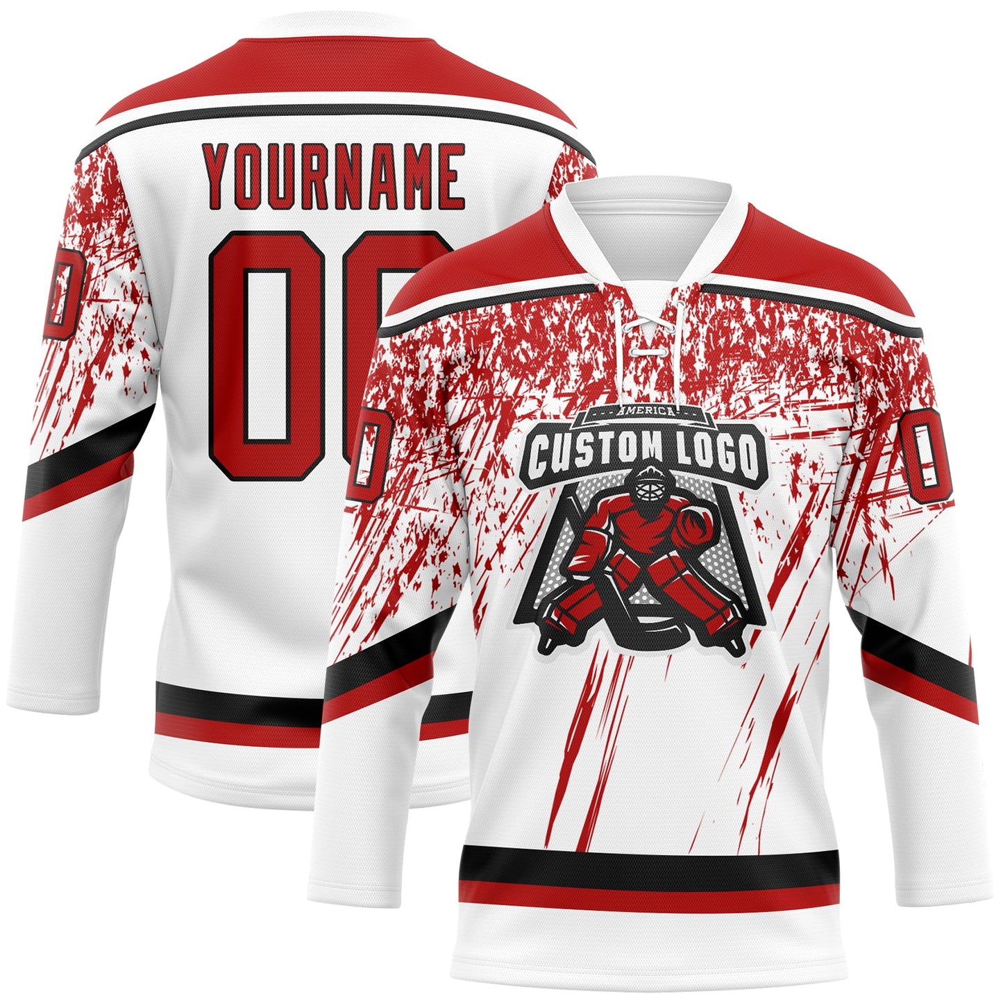 Custom White Red-Black 3D Splash Hockey Lace Neck Jersey
