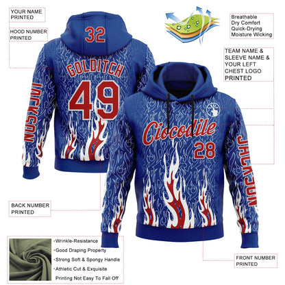 Custom Royal Red-White 3D Abstract Flame Sports Pullover Sweatshirt Hoodie