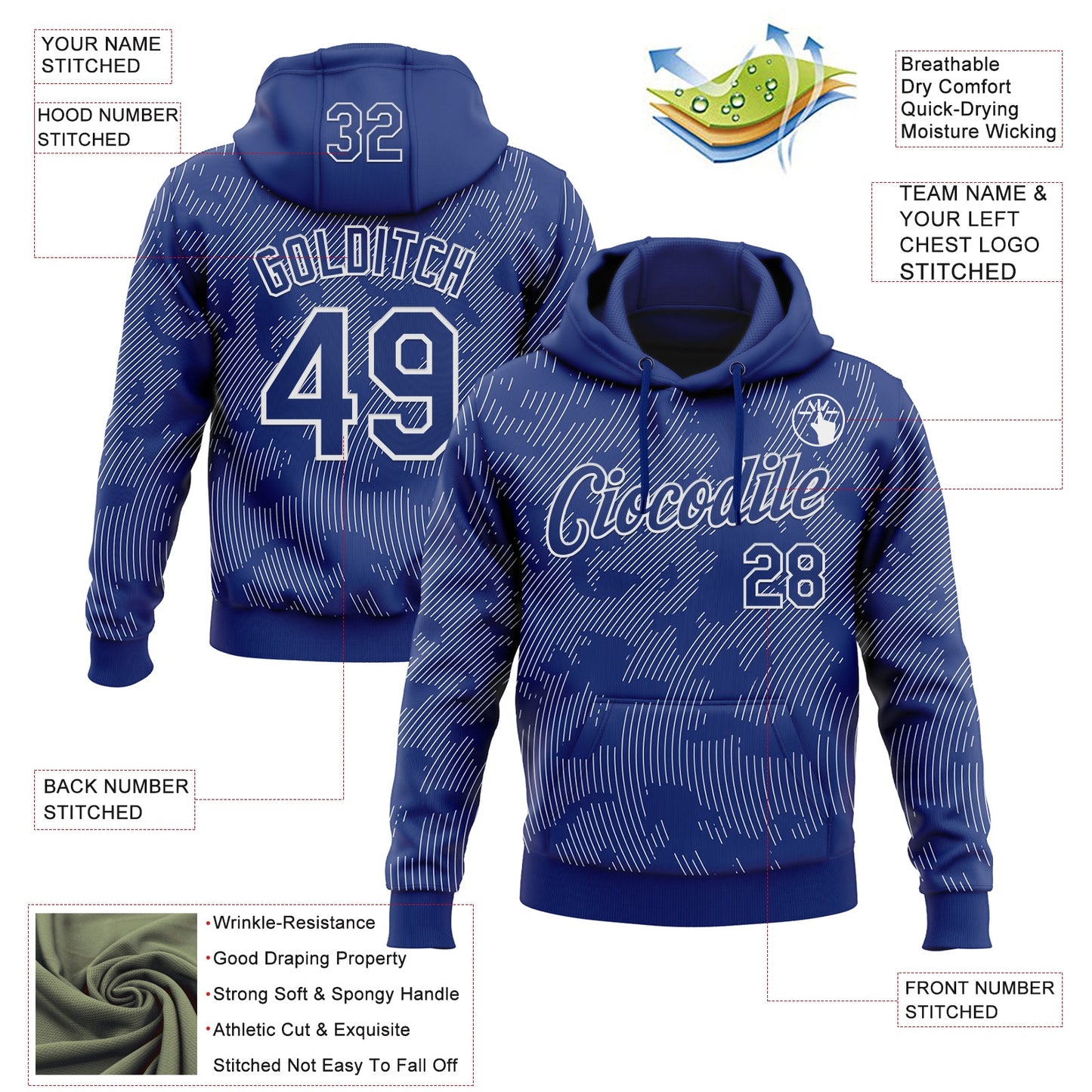 Custom Stitched Royal White Curve Lines Sports Pullover Sweatshirt Hoodie