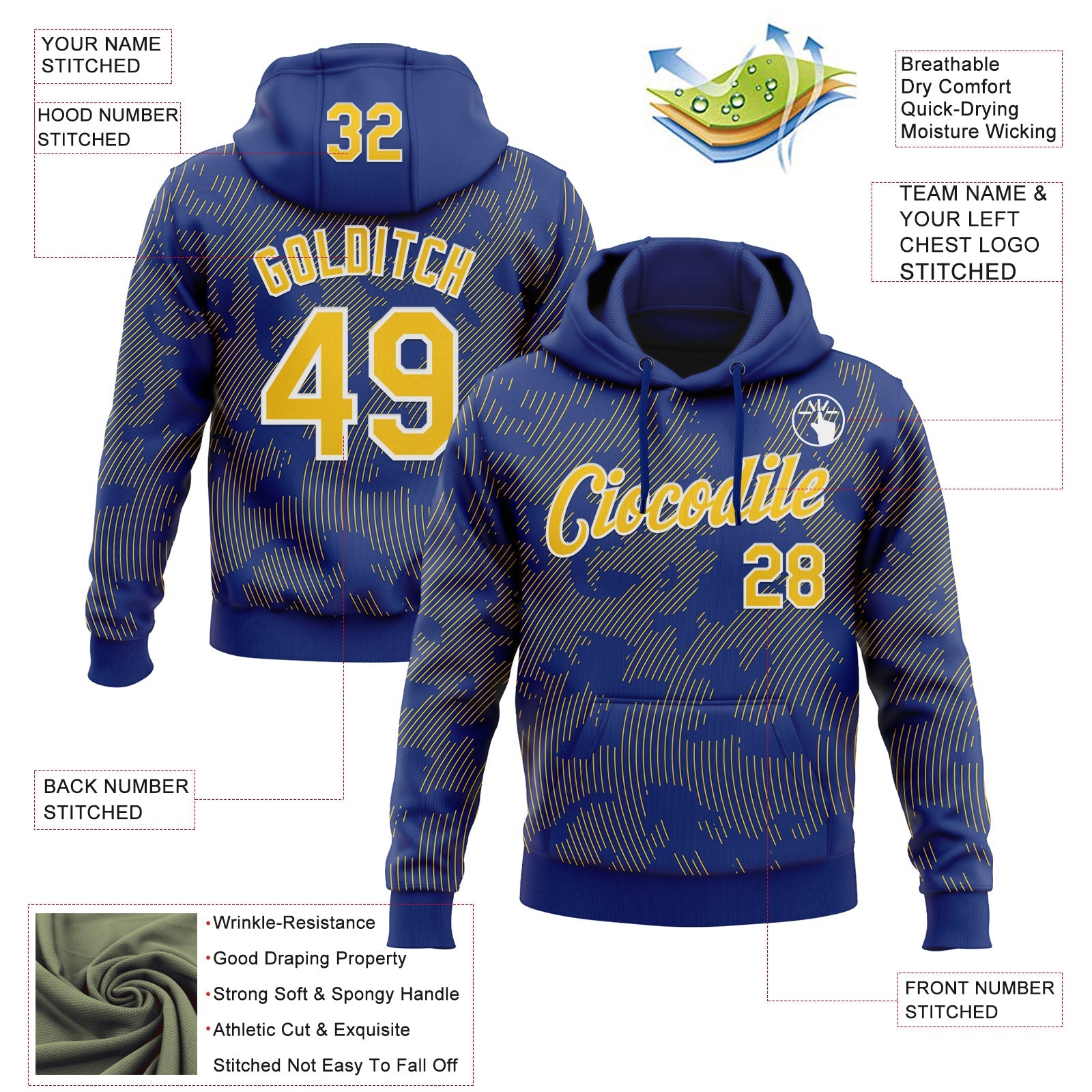 Custom Stitched Royal Yellow-White Curve Lines Sports Pullover Sweatshirt Hoodie