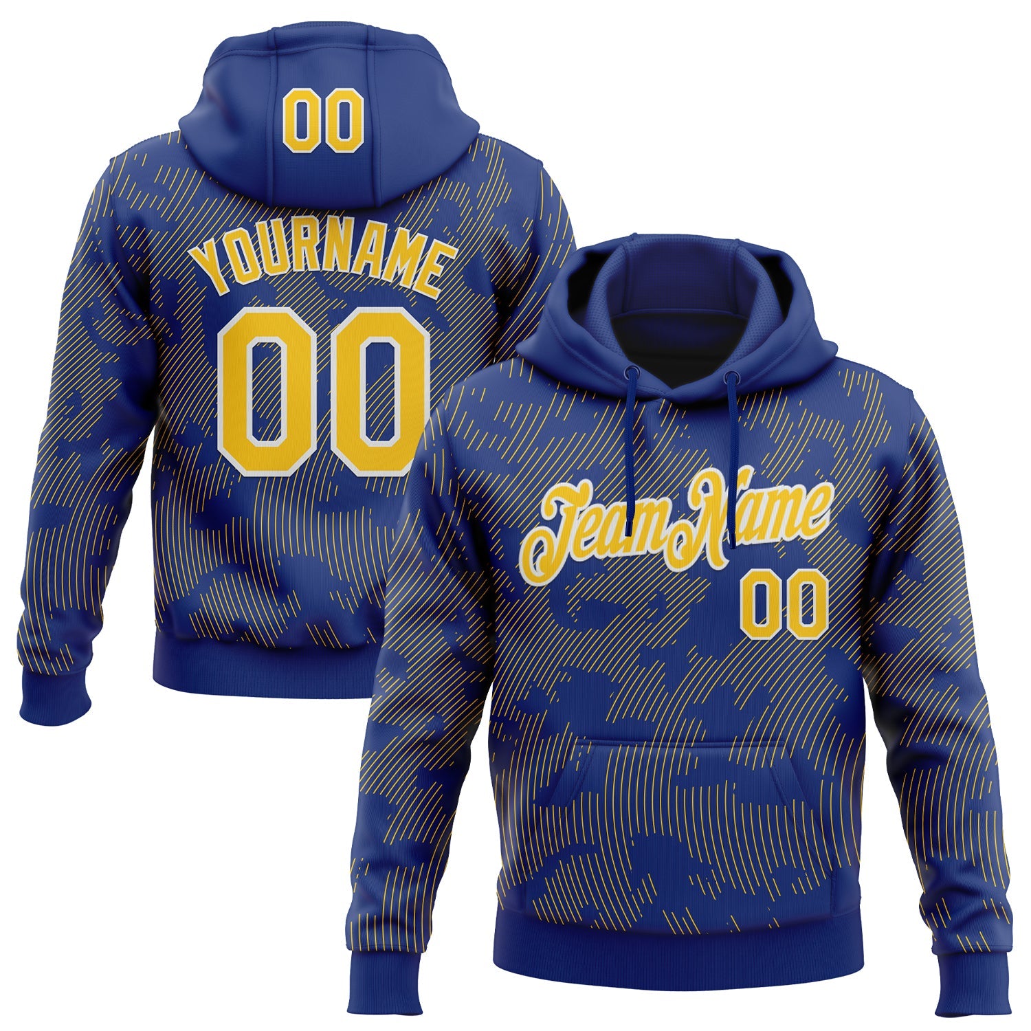 Custom Stitched Royal Yellow-White Curve Lines Sports Pullover Sweatshirt Hoodie
