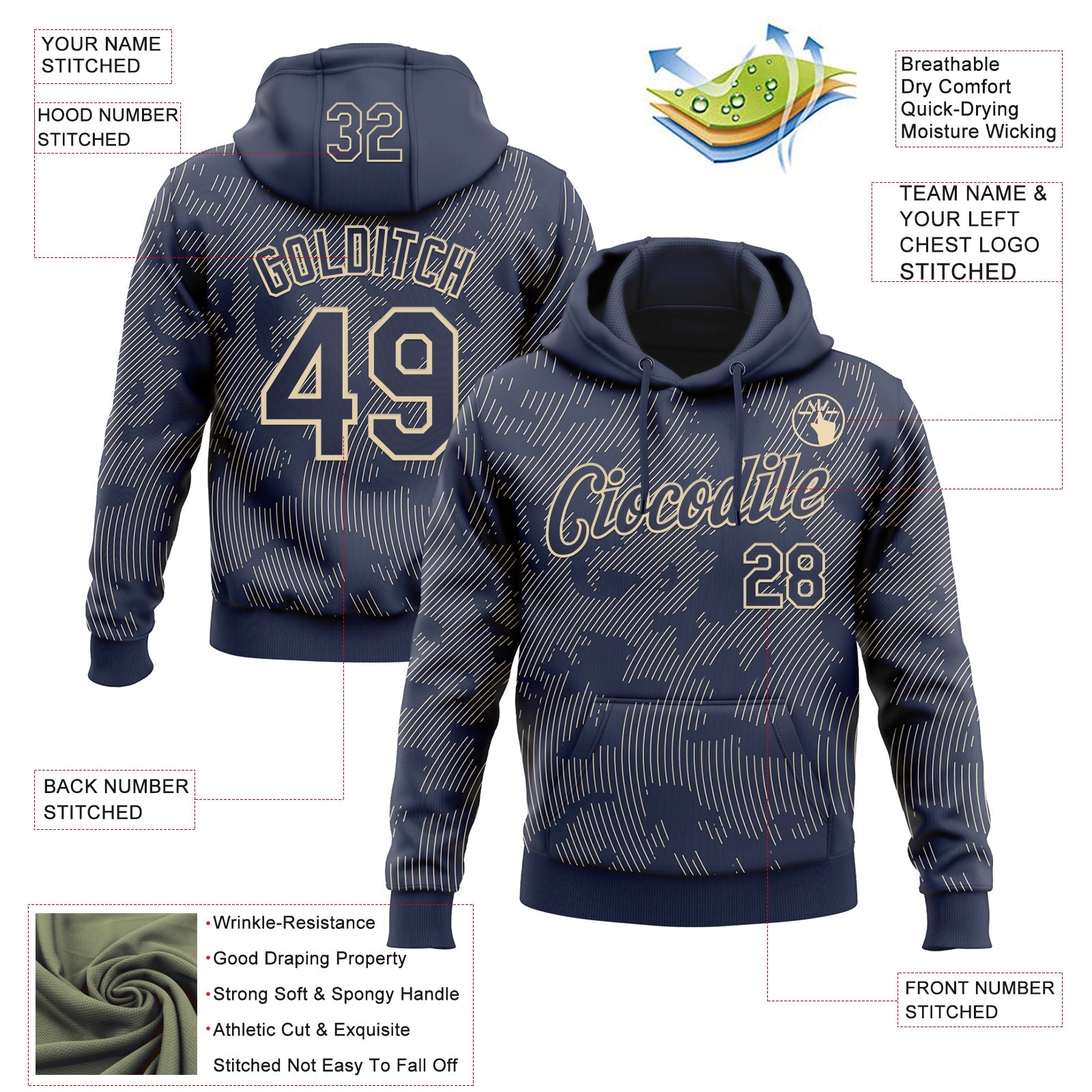 Custom Stitched Navy Cream Curve Lines Sports Pullover Sweatshirt Hoodie