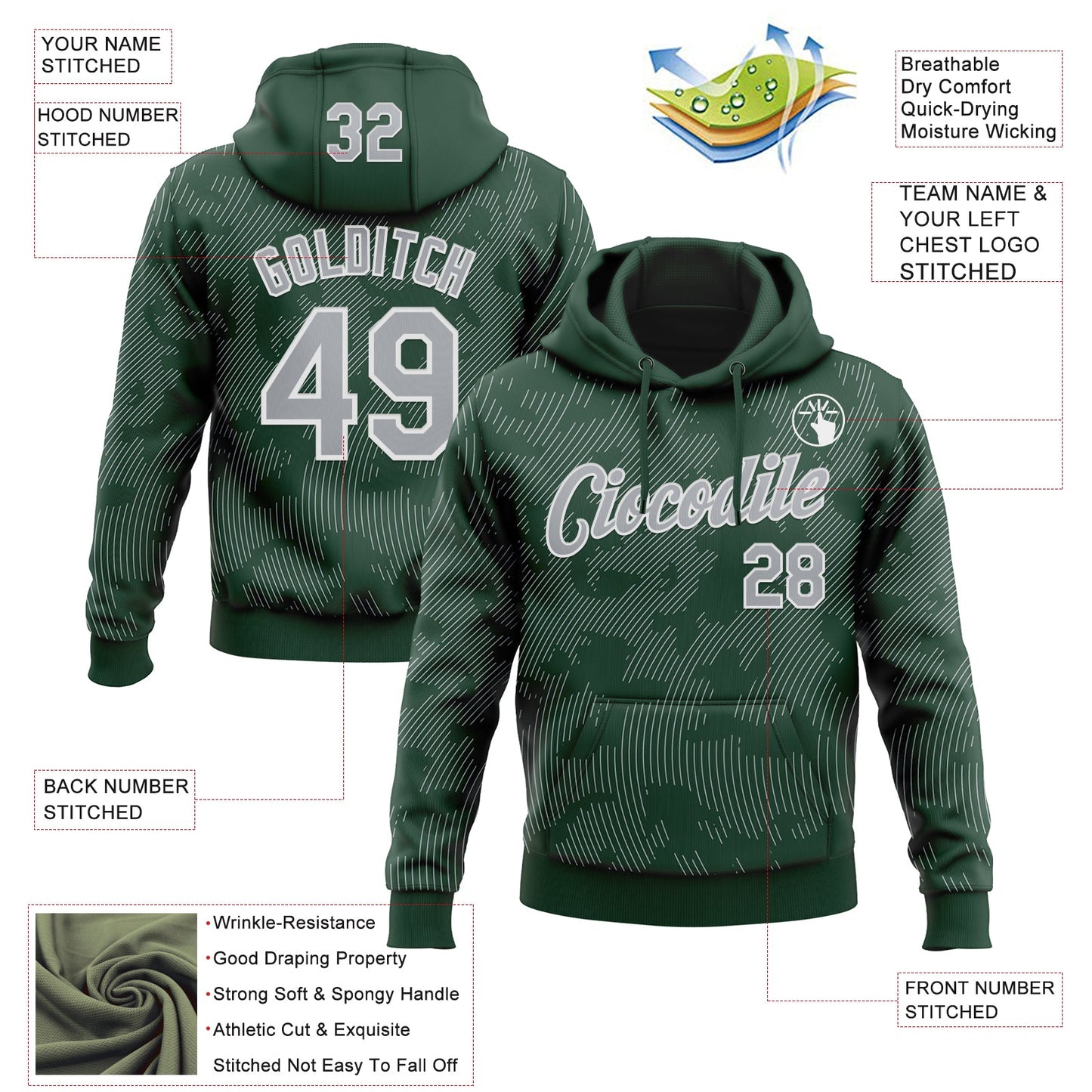 Custom Stitched Green Gray-White Curve Lines Sports Pullover Sweatshirt Hoodie