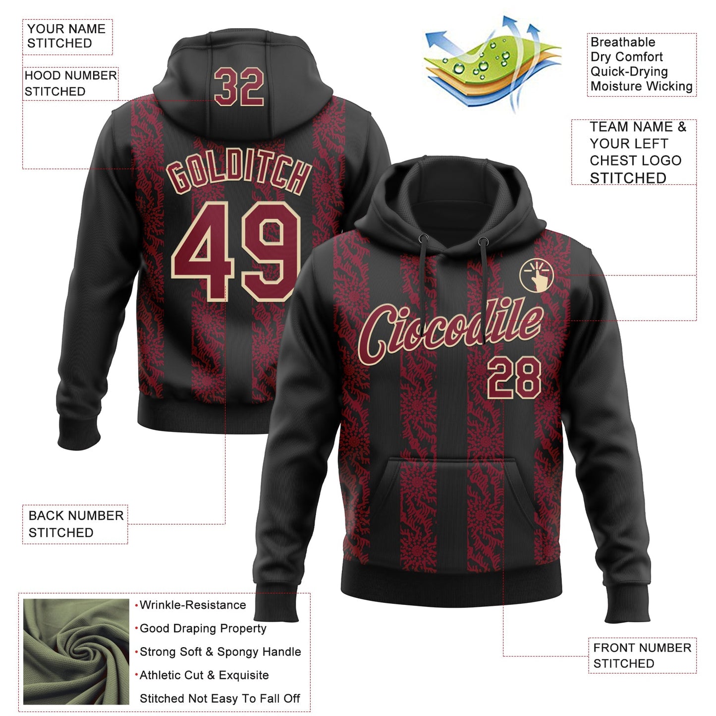 Custom Stitched Black Crimson-Cream Abstract Shape Pattern Sports Pullover Sweatshirt Hoodie