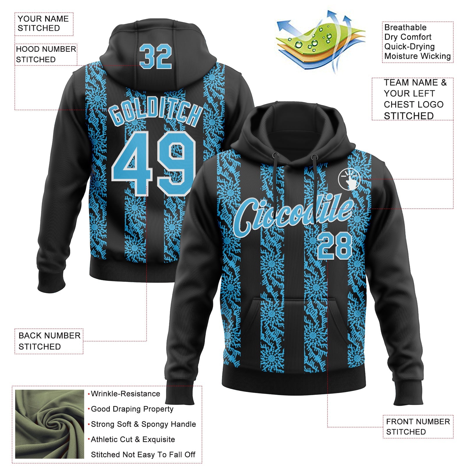 Custom Stitched Black Sky Blue-White Abstract Shape Pattern Sports Pullover Sweatshirt Hoodie