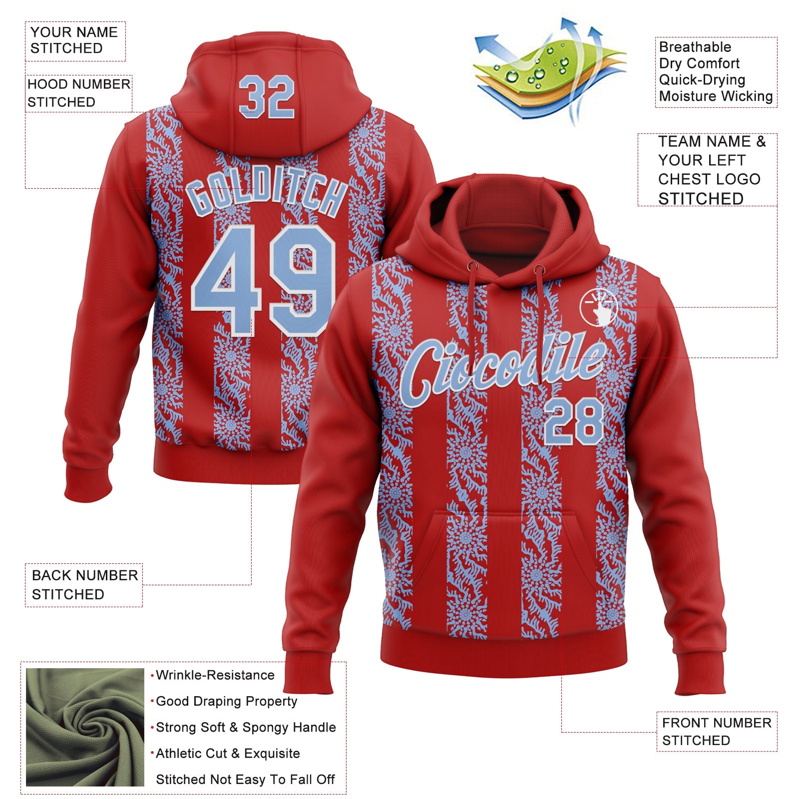 Custom Stitched Red Light Blue-White Abstract Shape Pattern Sports Pullover Sweatshirt Hoodie
