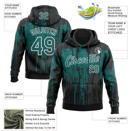 Custom Stitched Black Teal-White Dripping Splatter Sports Pullover Sweatshirt Hoodie