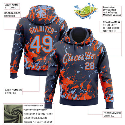 Custom Stitched Navy Light Blue-Orange Splash Sports Pullover Sweatshirt Hoodie