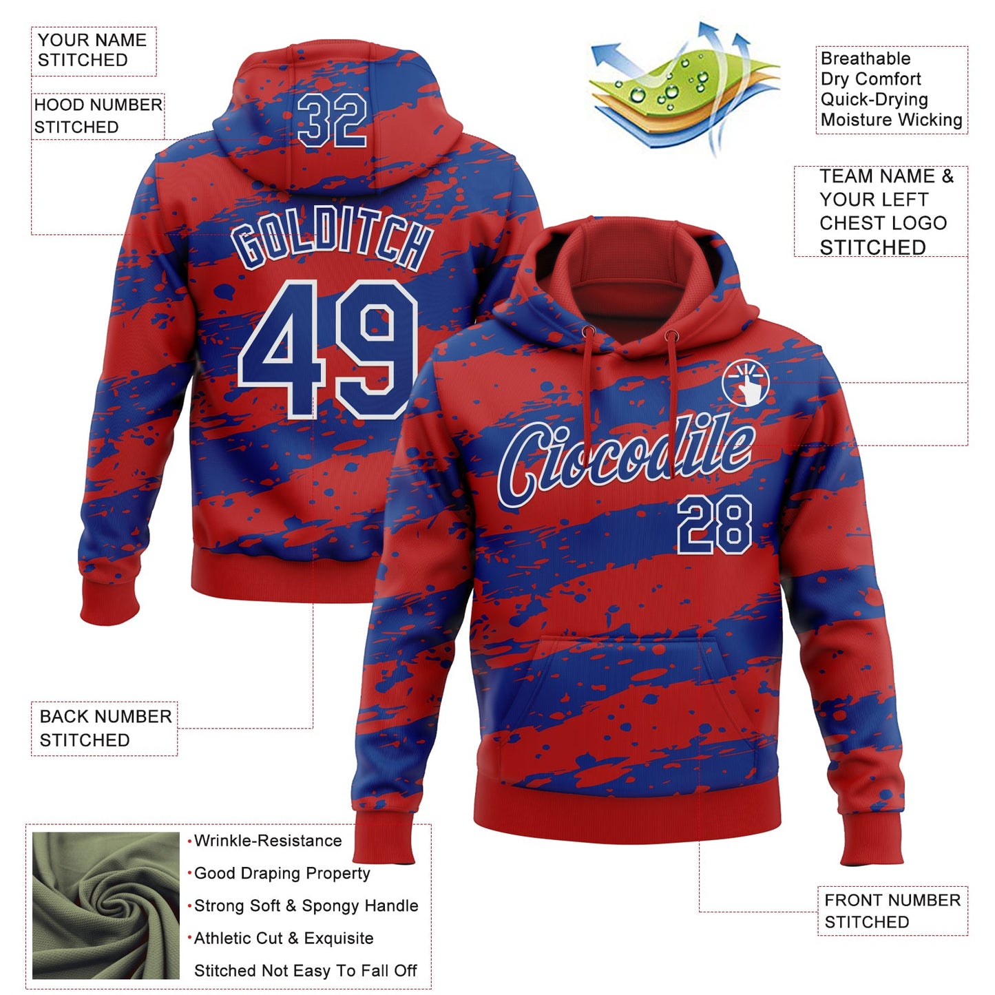 Custom Stitched Red Royal-White Splash Torn Paper Style Sports Pullover Sweatshirt Hoodie