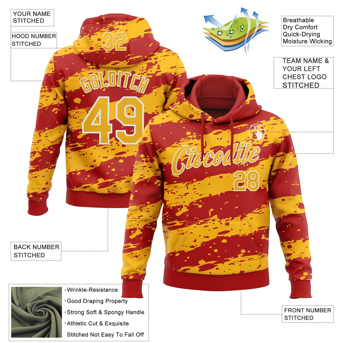 Custom Stitched Red Gold-White Splash Torn Paper Style Sports Pullover Sweatshirt Hoodie
