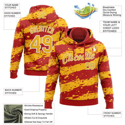 Custom Stitched Red Gold-White Splash Torn Paper Style Sports Pullover Sweatshirt Hoodie