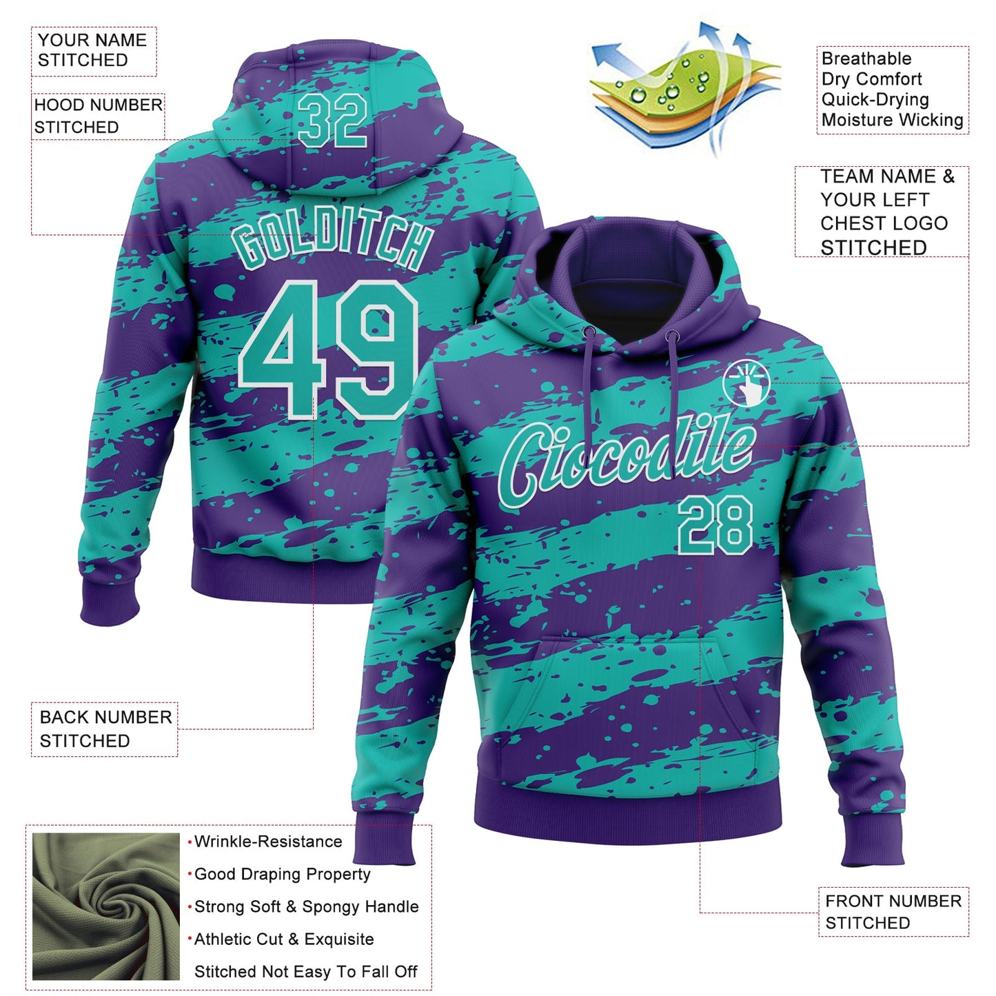 Custom Stitched Purple Aqua-White Splash Torn Paper Style Sports Pullover Sweatshirt Hoodie