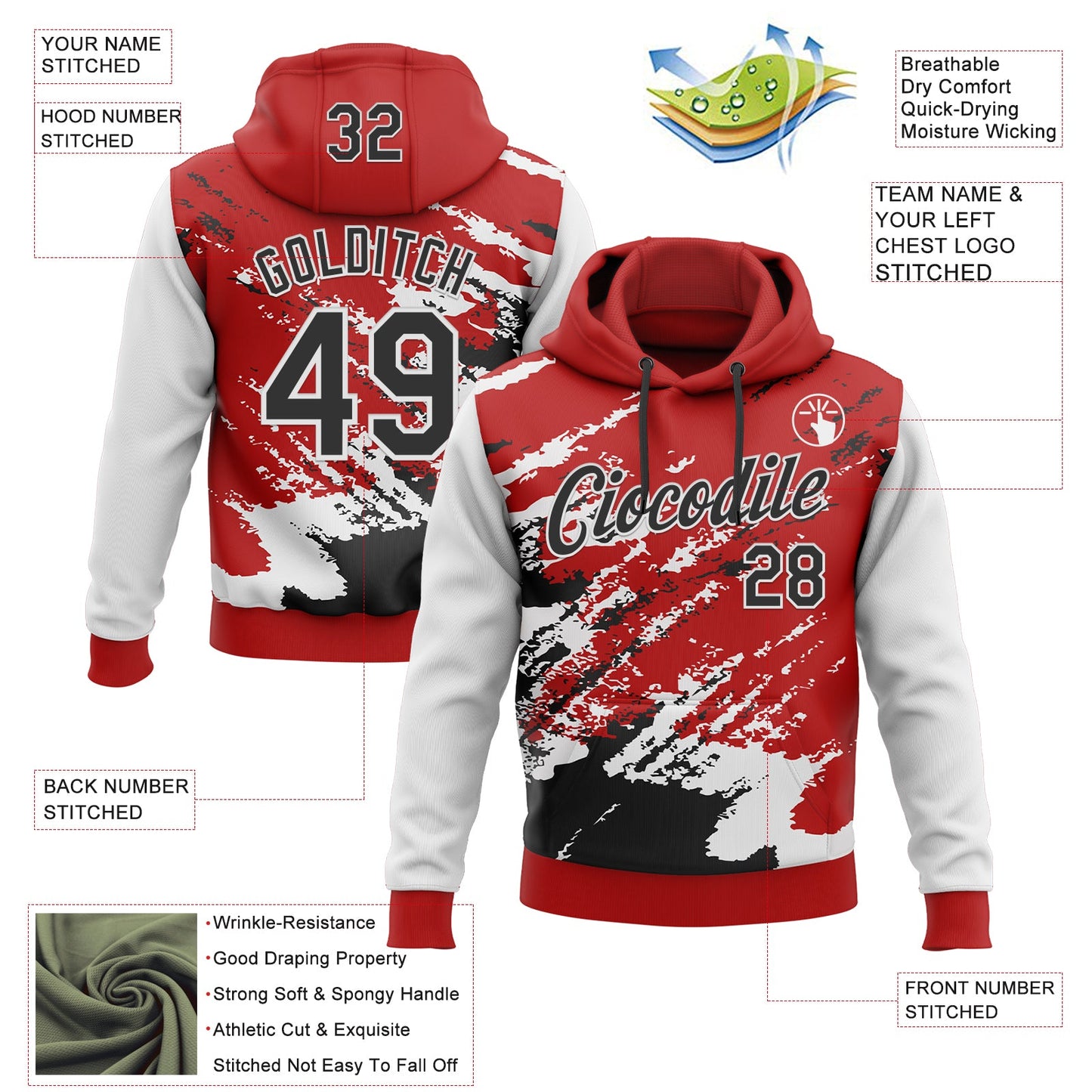 Custom Stitched Red Black-White 3D Pattern Design Abstract Fragment Art Splash Sports Pullover Sweatshirt Hoodie