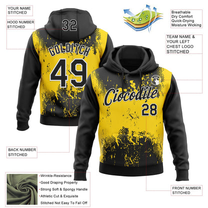 Custom Stitched Black Yellow-White 3D Pattern Design Abstract Splatter Grunge Art Sports Pullover Sweatshirt Hoodie