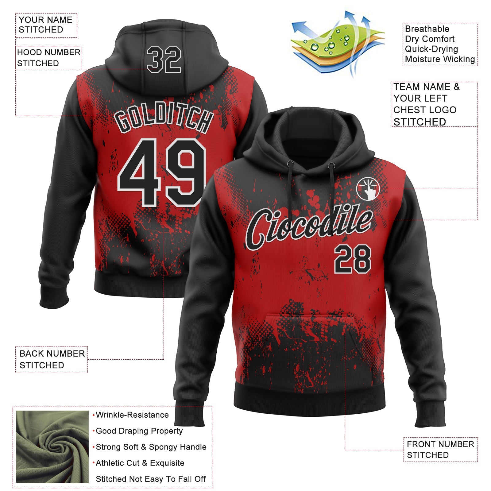 Custom Stitched Black Red-White 3D Pattern Design Abstract Splatter Grunge Art Sports Pullover Sweatshirt Hoodie