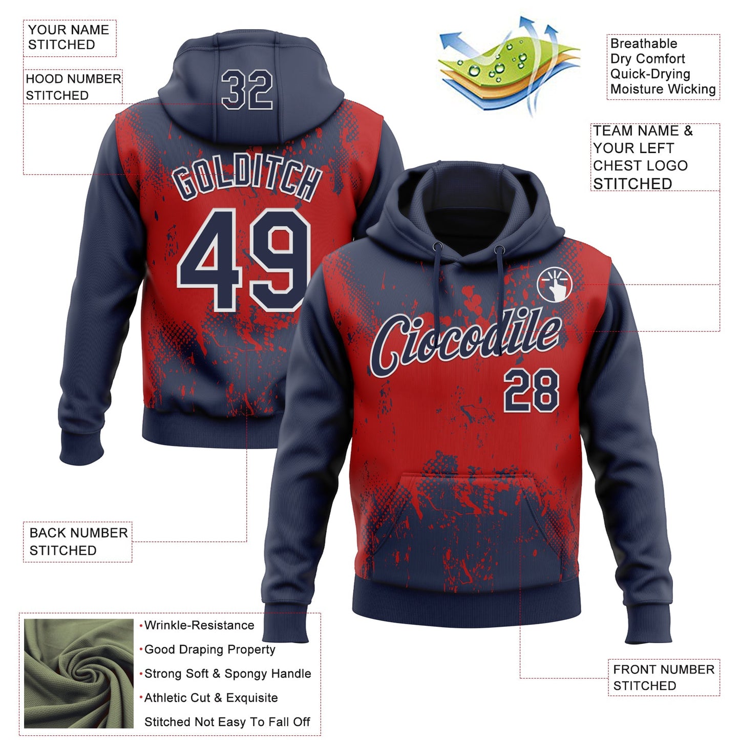 Custom Stitched Navy Red-White 3D Pattern Design Abstract Splatter Grunge Art Sports Pullover Sweatshirt Hoodie