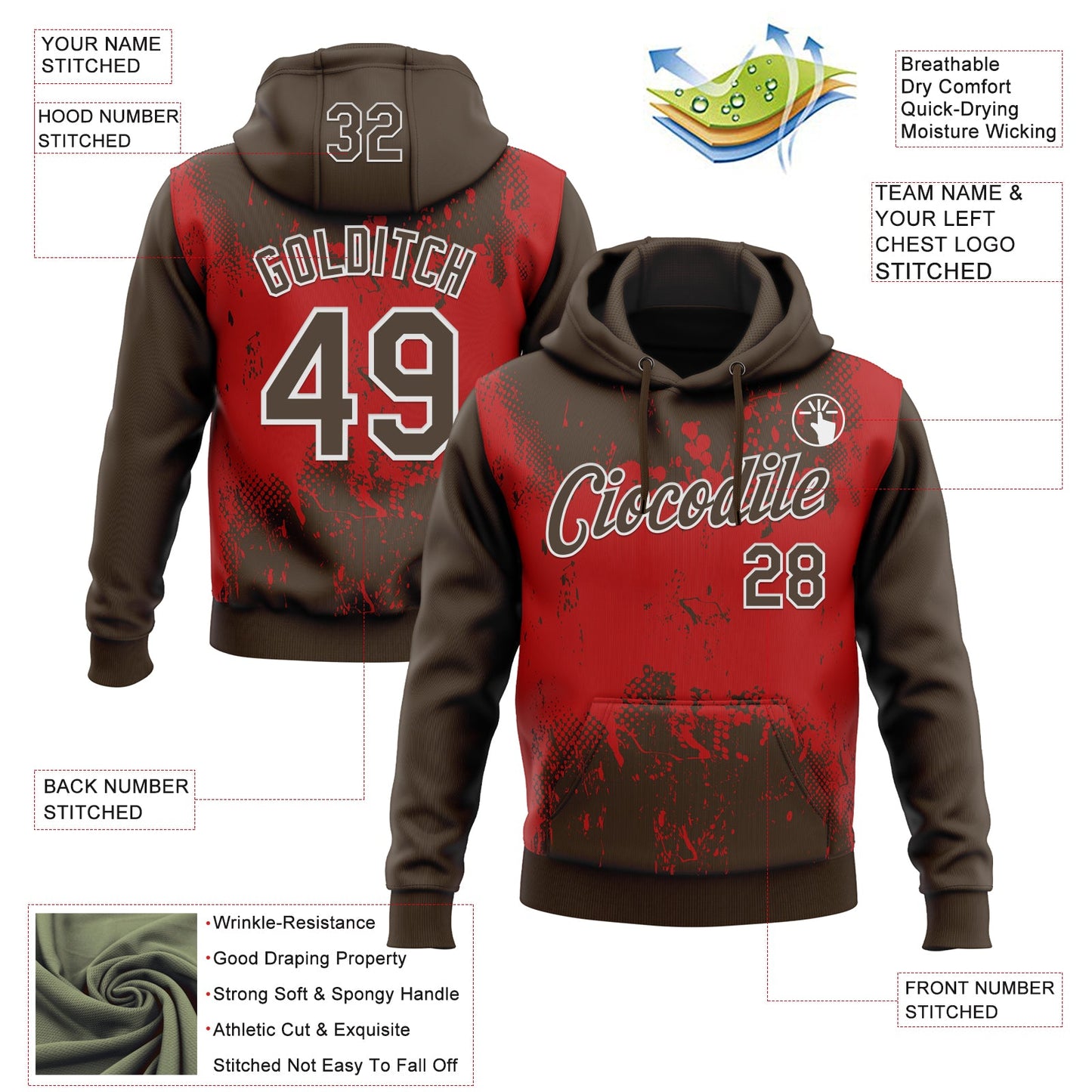 Custom Stitched Brown Red-White 3D Pattern Design Abstract Splatter Grunge Art Sports Pullover Sweatshirt Hoodie
