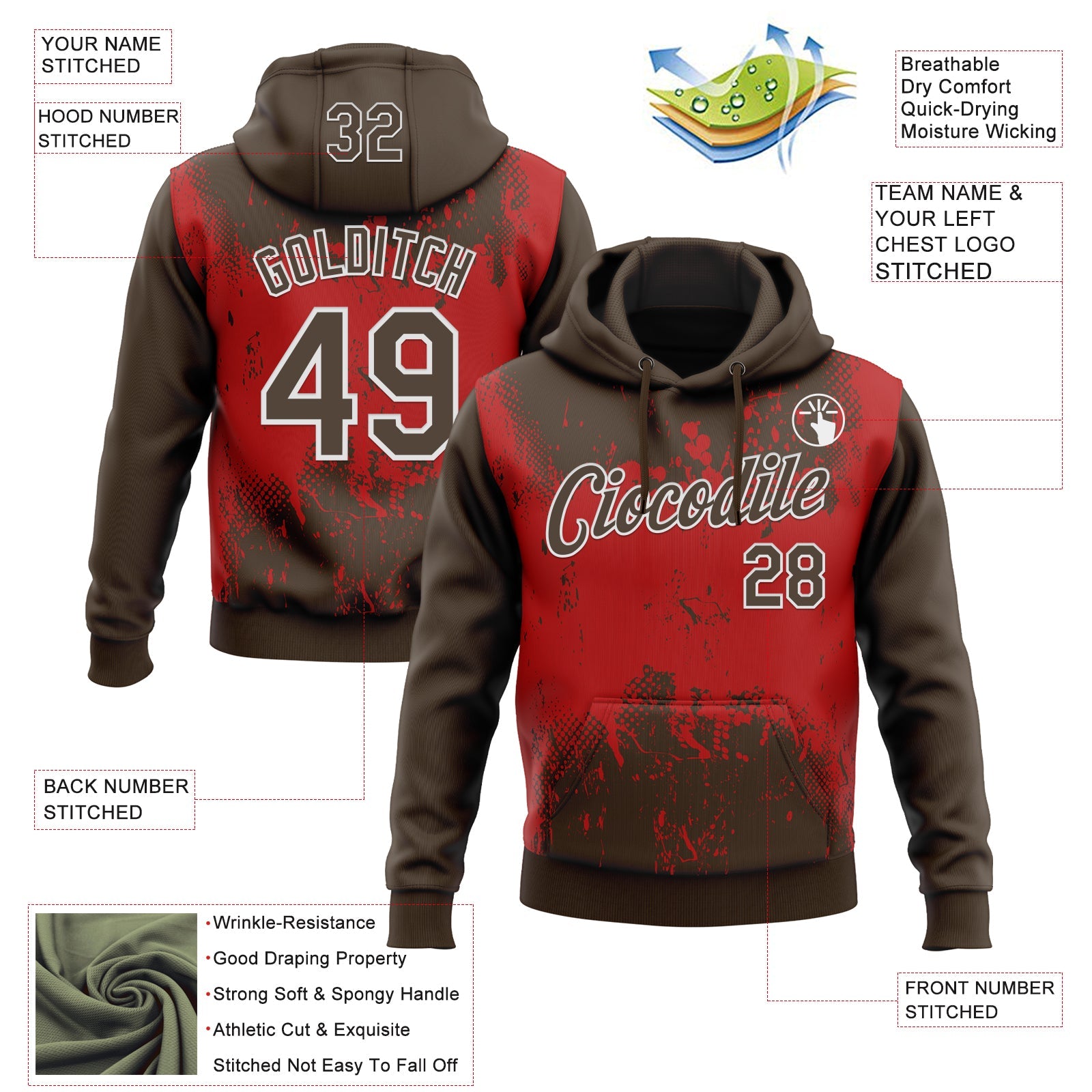 Custom Stitched Brown Red-White 3D Pattern Design Abstract Splatter Grunge Art Sports Pullover Sweatshirt Hoodie