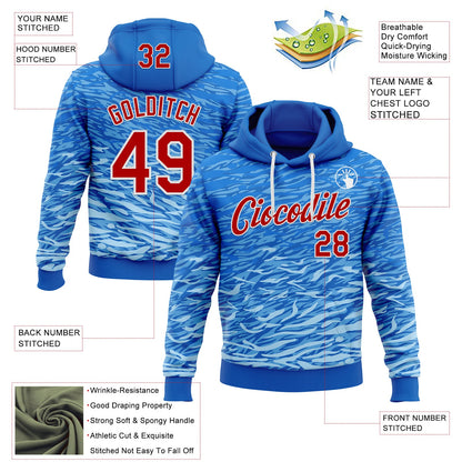 Custom Stitched Royal Red-White 3D Pattern Design Wave Sports Pullover Sweatshirt Hoodie