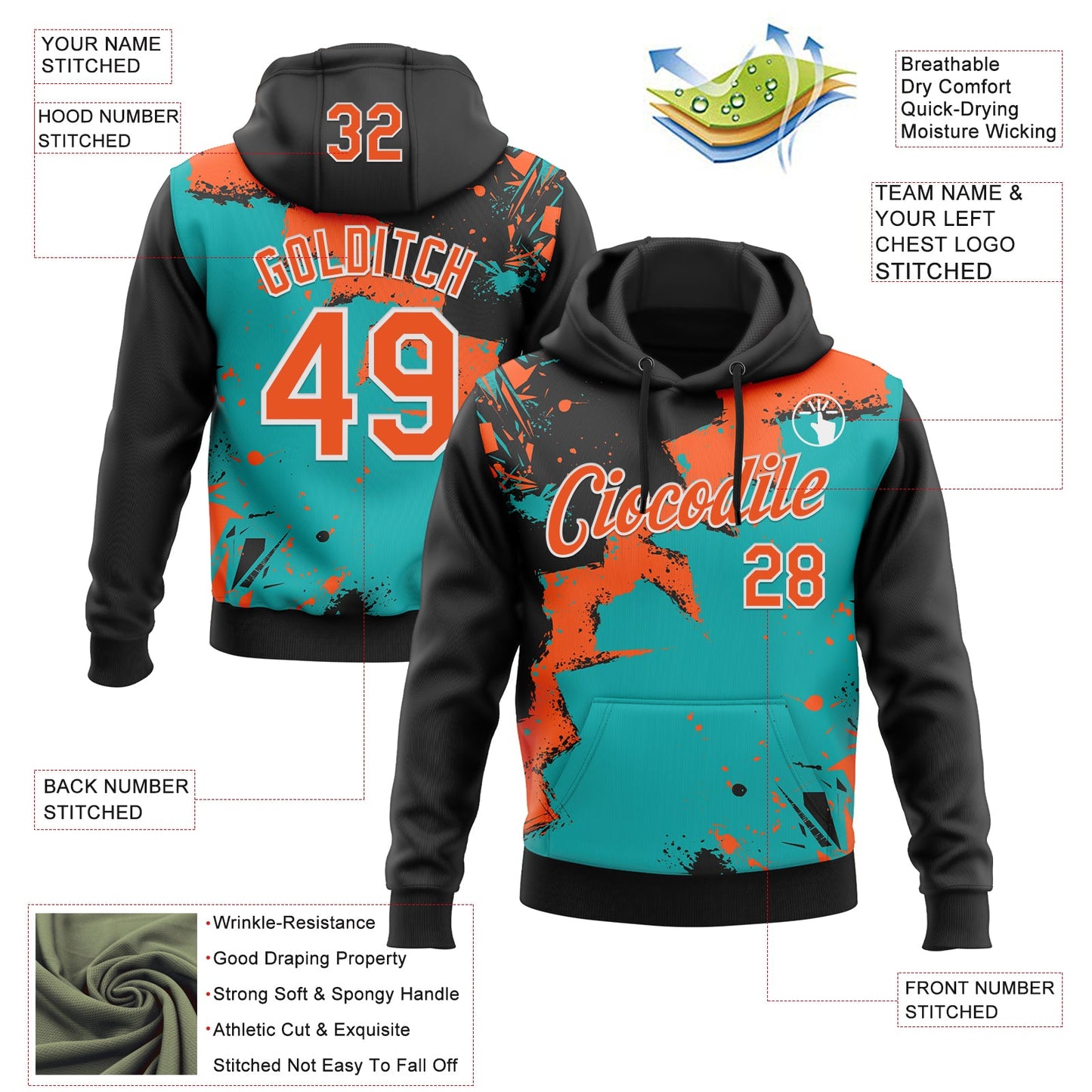 Custom Stitched Black Orange Aqua-White 3D Pattern Design Splash Torn Paper Style Sports Pullover Sweatshirt Hoodie