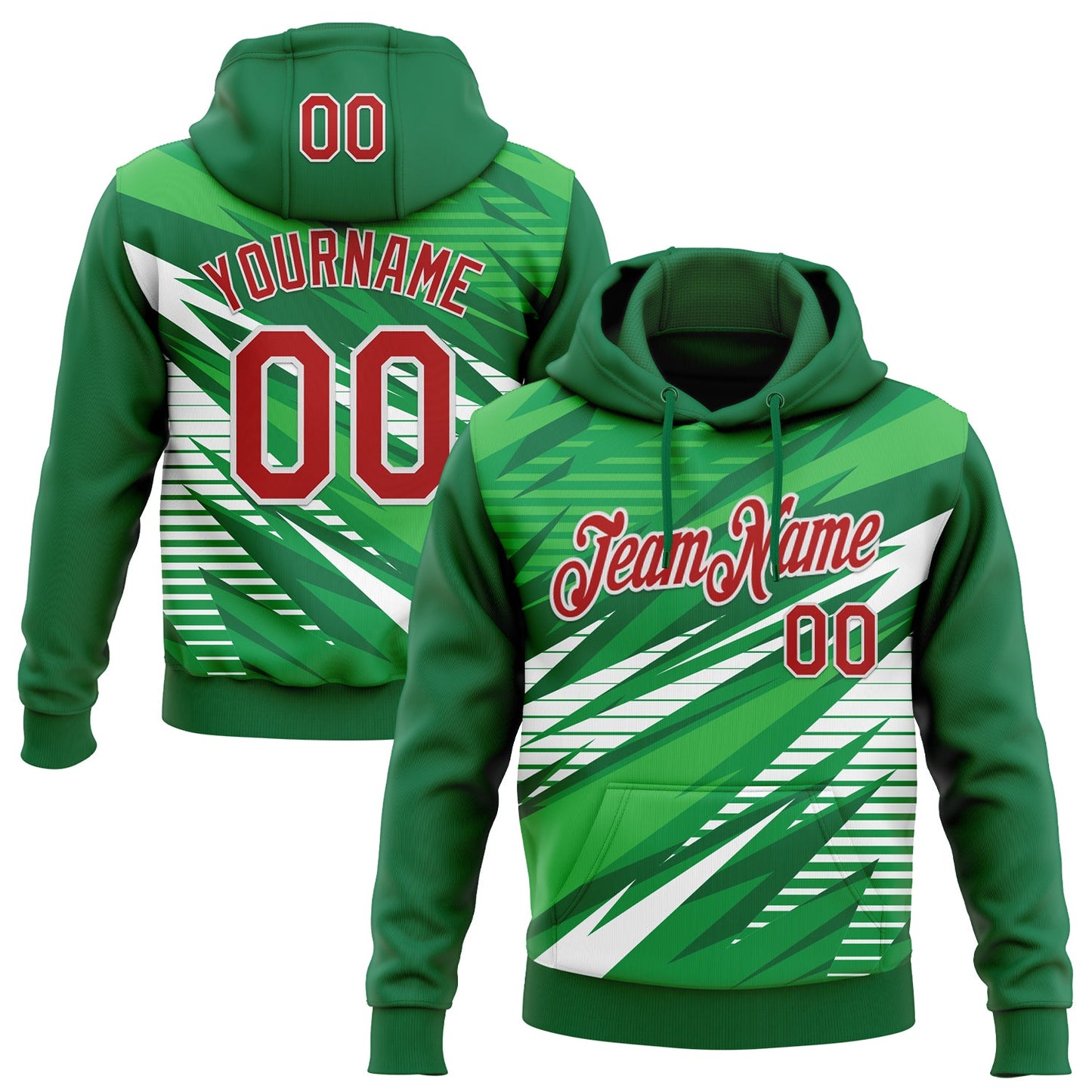 Custom Stitched Kelly Green Red-White 3D Pattern Design Line Sports Pullover Sweatshirt Hoodie
