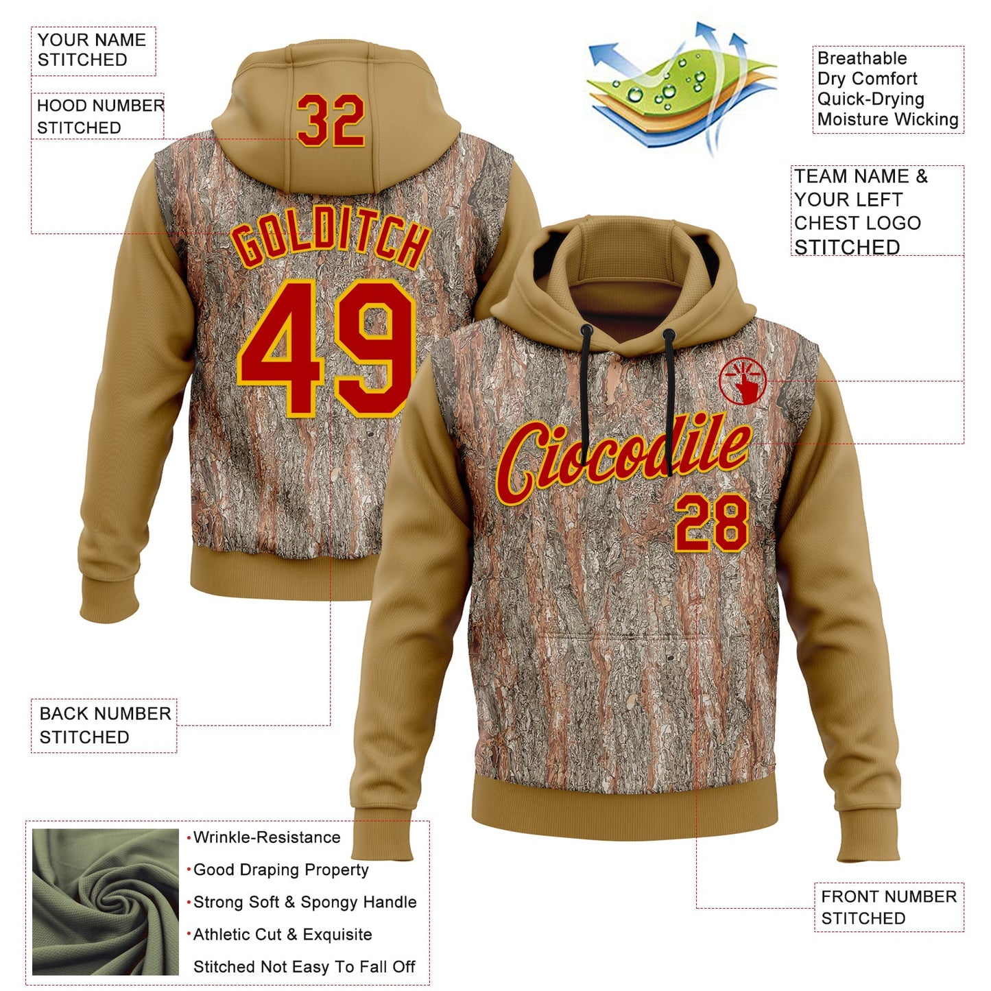 Custom Stitched Old Gold Red-Yellow 3D Pattern Design Tree Camo Hunting Sports Pullover Sweatshirt Hoodie