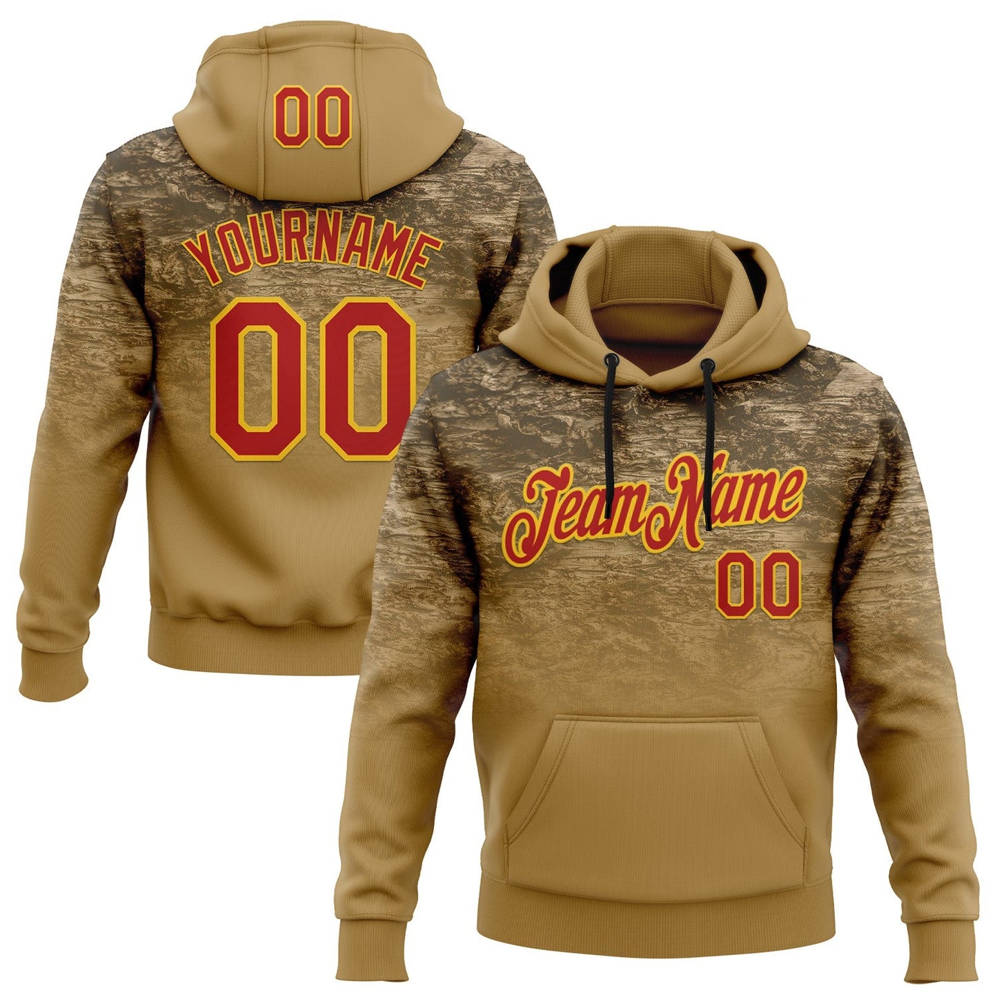 Custom Stitched Old Gold Red-Yellow 3D Pattern Design Tree Camo Gradient Hunting Sports Pullover Sweatshirt Hoodie