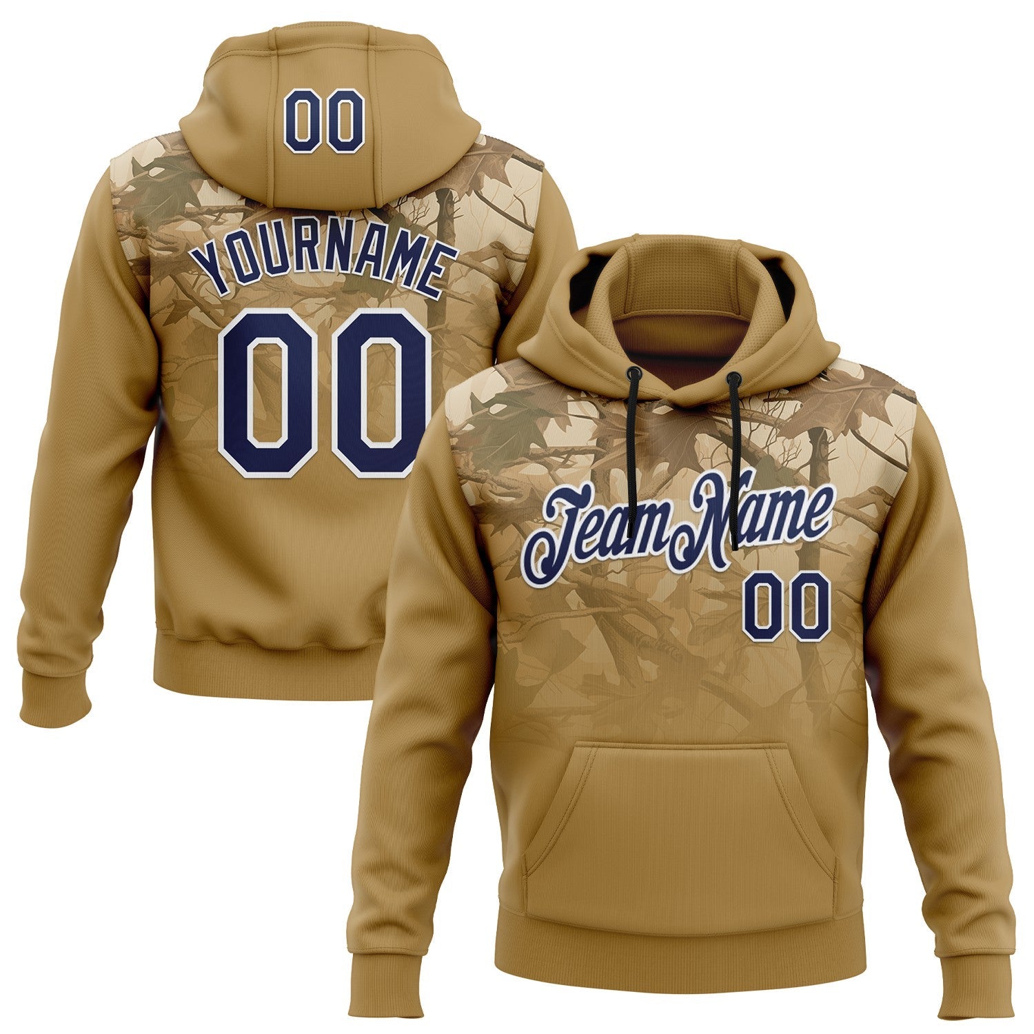 Custom Stitched Old Gold Navy-White 3D Pattern Design Tree Camo Hunting Sports Pullover Sweatshirt Hoodie