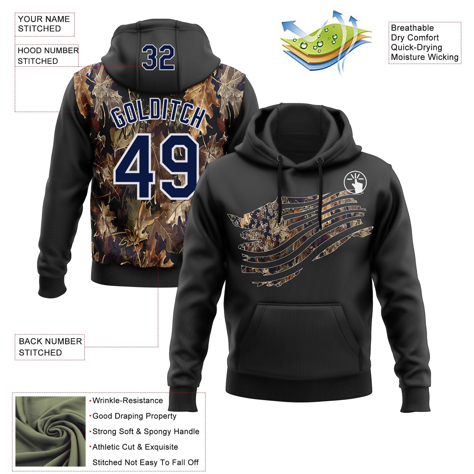 Custom Stitched Black Navy-White 3D Pattern Design Tree Camo American Flag Hunting Sports Pullover Sweatshirt Hoodie