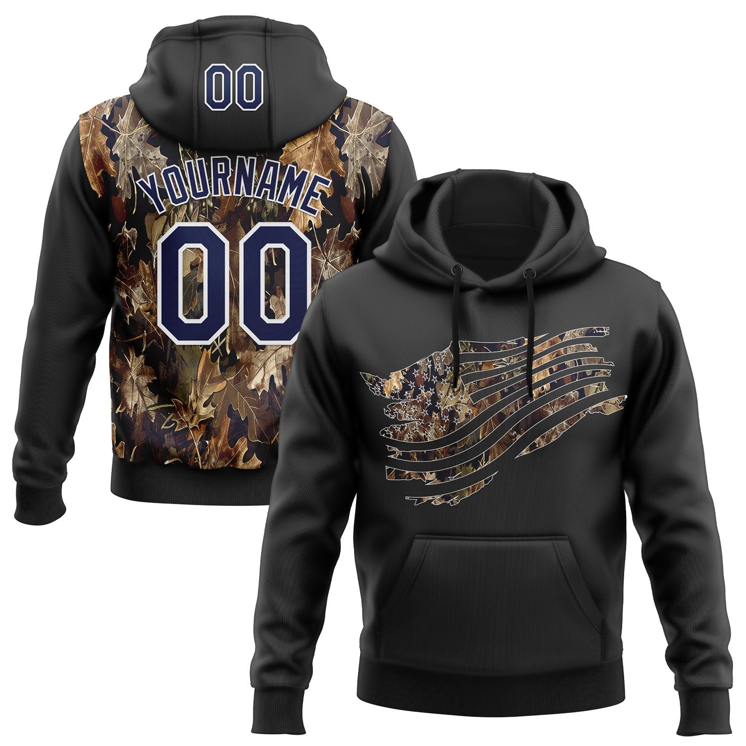 Custom Stitched Black Navy-White 3D Pattern Design Tree Camo American Flag Hunting Sports Pullover Sweatshirt Hoodie
