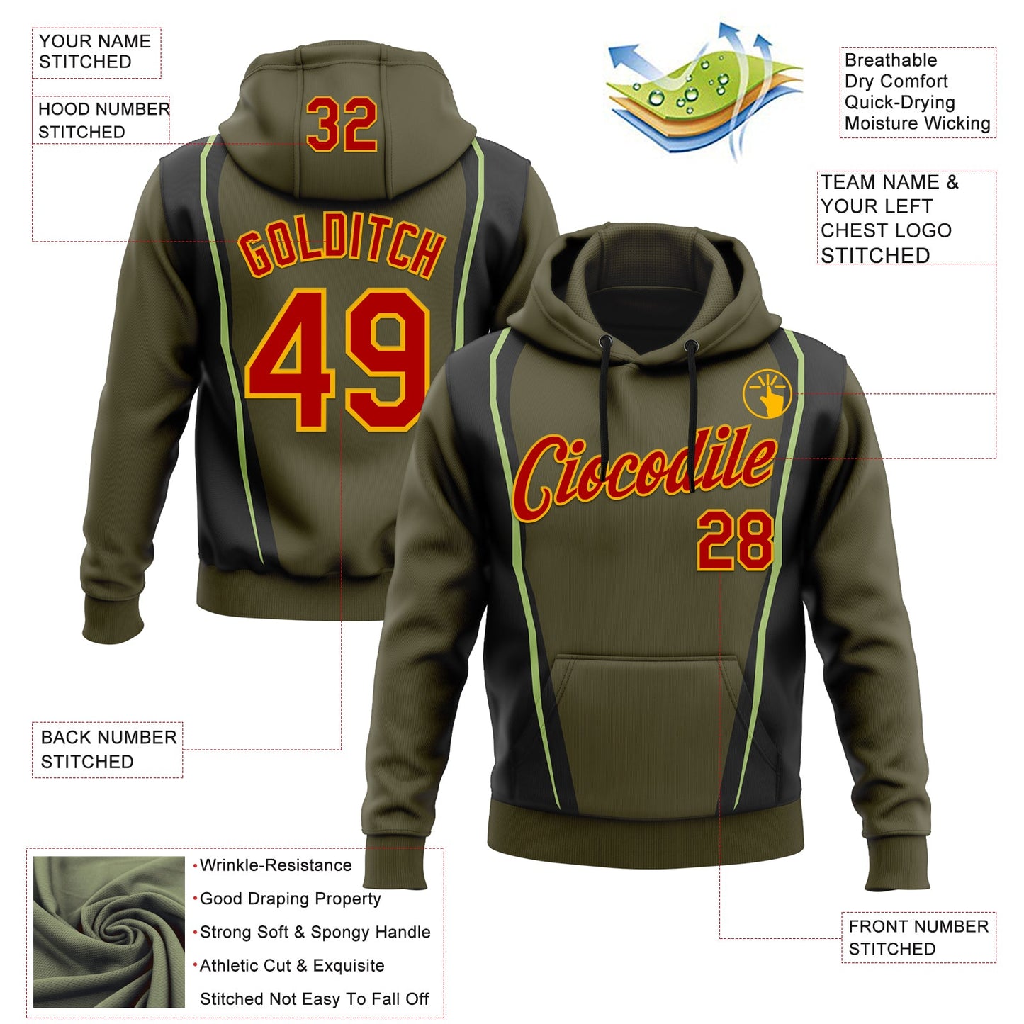 Custom Stitched Olive Red Black Green-Gold 3D Pattern Design Sportswear Pullover Sweatshirt Salute To Service Hoodie