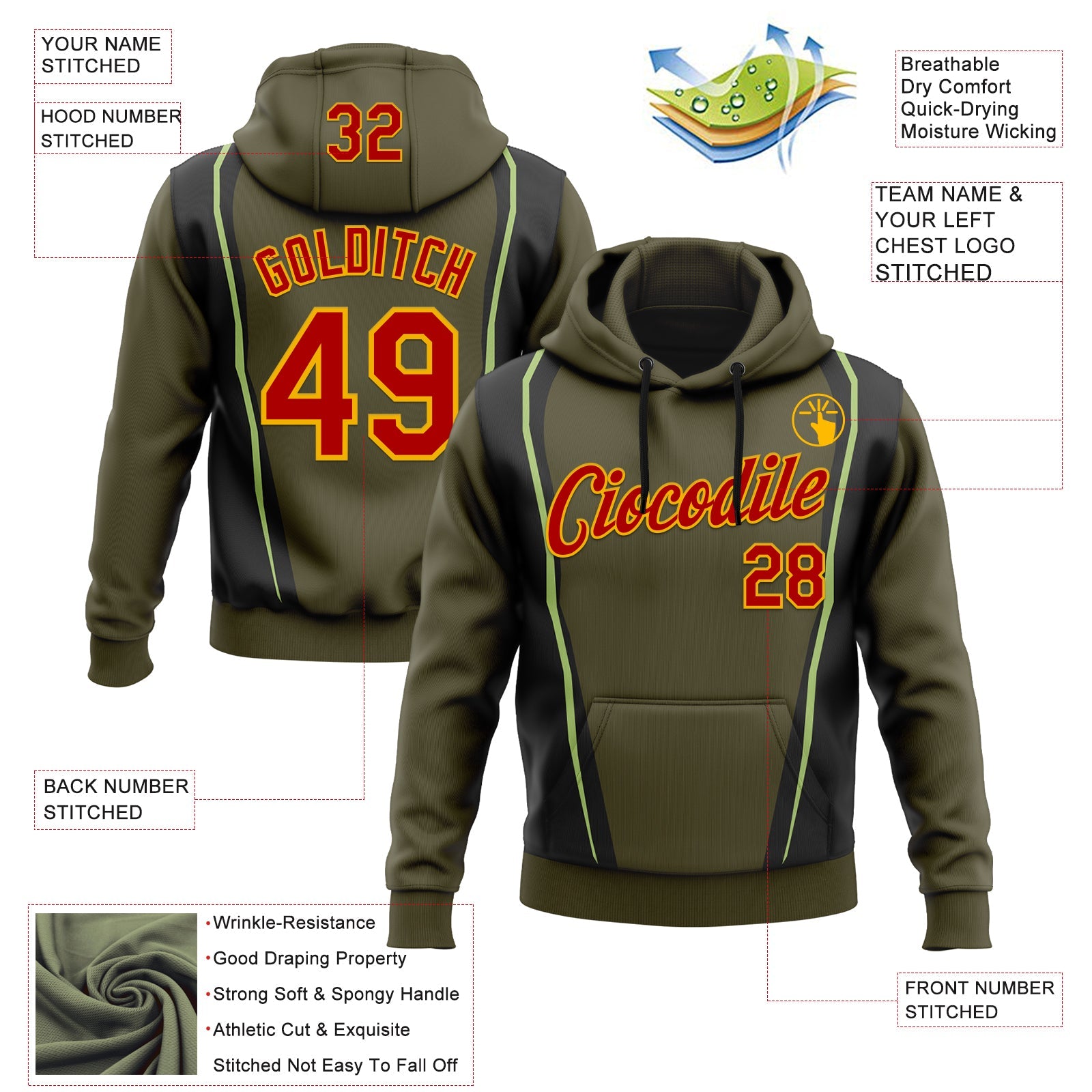 Custom Stitched Olive Red Black Green-Gold 3D Pattern Design Sportswear Pullover Sweatshirt Salute To Service Hoodie