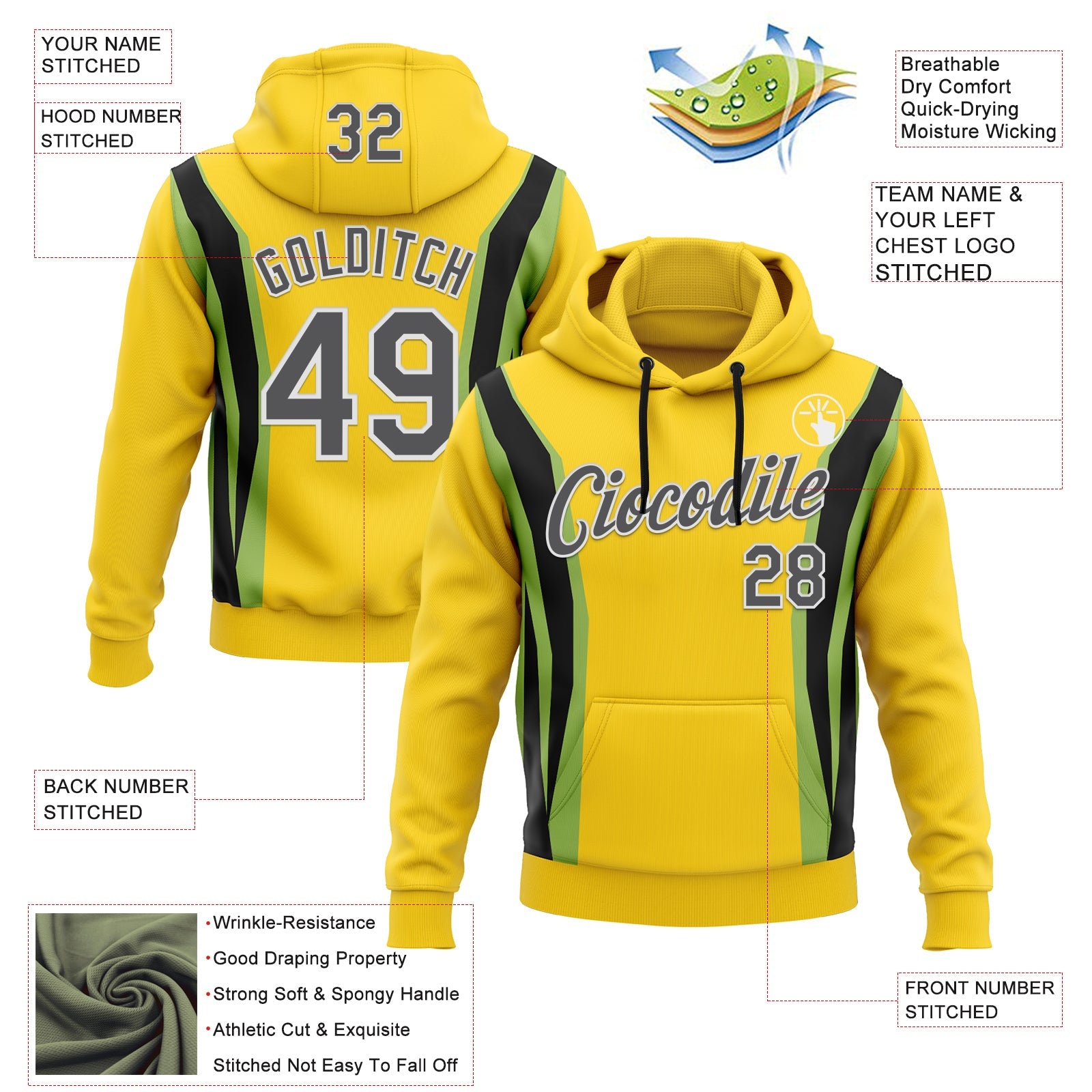 Custom Stitched Light Yellow Steel Gray Black Green-White 3D Pattern Design Sportswear Pullover Sweatshirt Hoodie