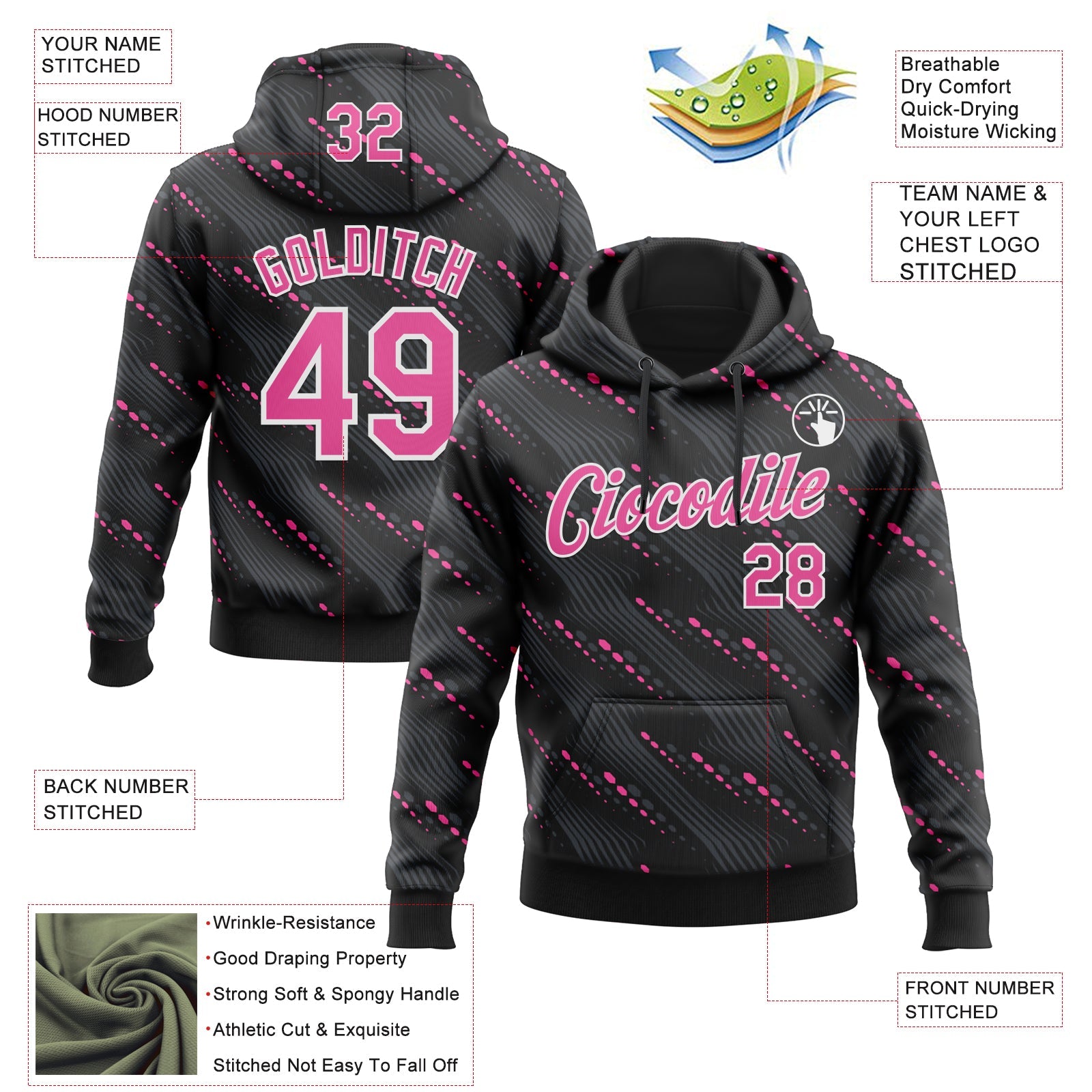 Custom Stitched Black Pink-White Slant Lines Sports Pullover Sweatshirt Hoodie