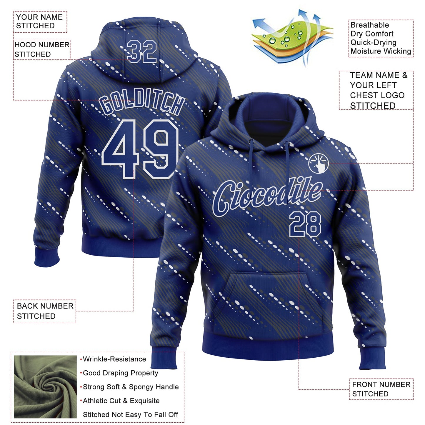 Custom Stitched Royal White Slant Lines Sports Pullover Sweatshirt Hoodie