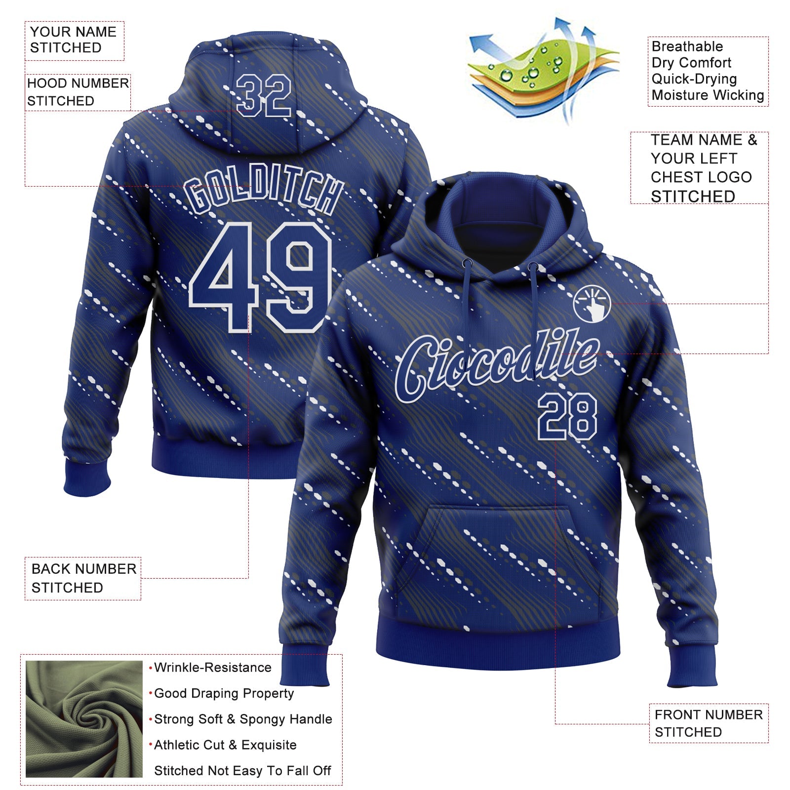 Custom Stitched Royal White Slant Lines Sports Pullover Sweatshirt Hoodie