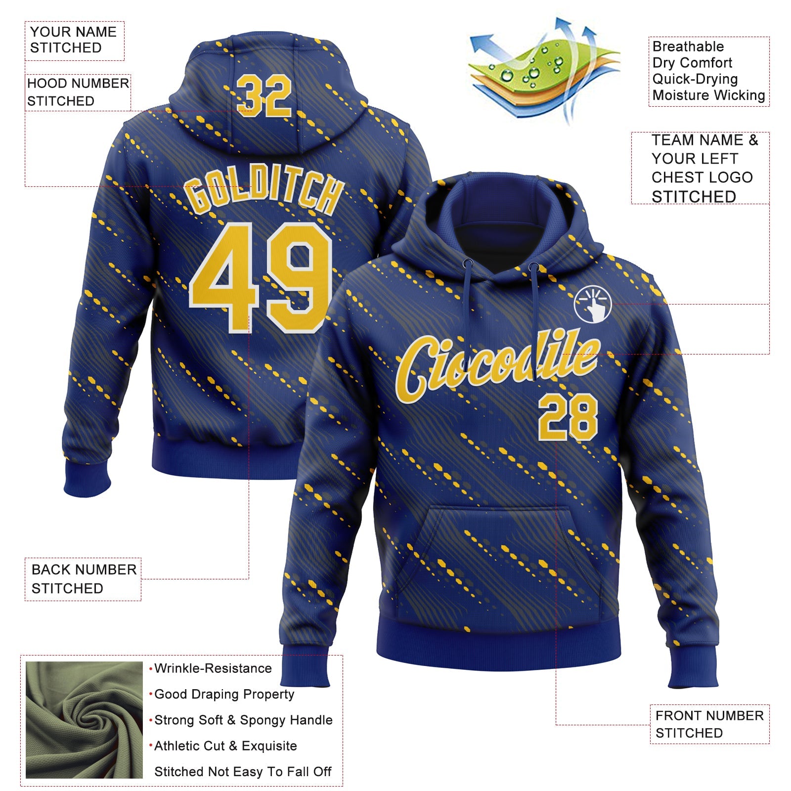 Custom Stitched Royal Yellow-White Slant Lines Sports Pullover Sweatshirt Hoodie