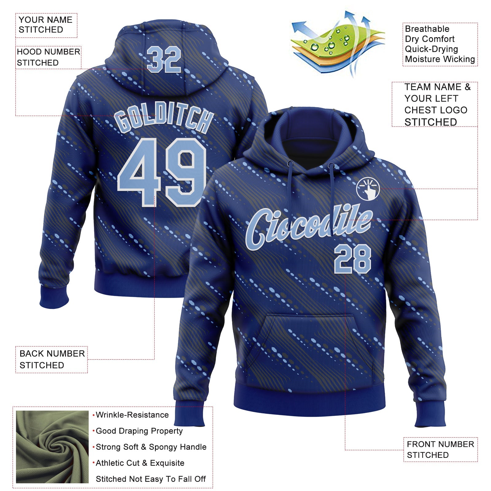 Custom Stitched Royal Light Blue-White Slant Lines Sports Pullover Sweatshirt Hoodie