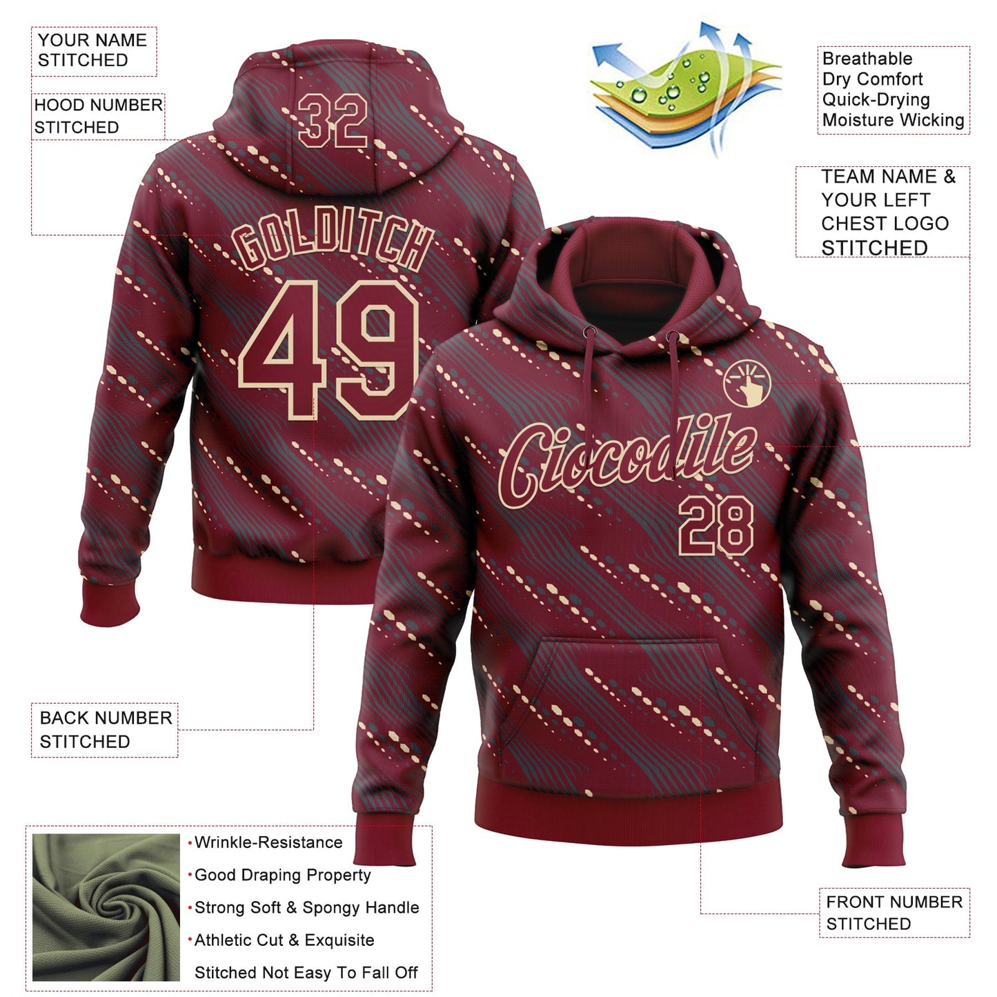 Custom Stitched Crimson Cream Slant Lines Sports Pullover Sweatshirt Hoodie