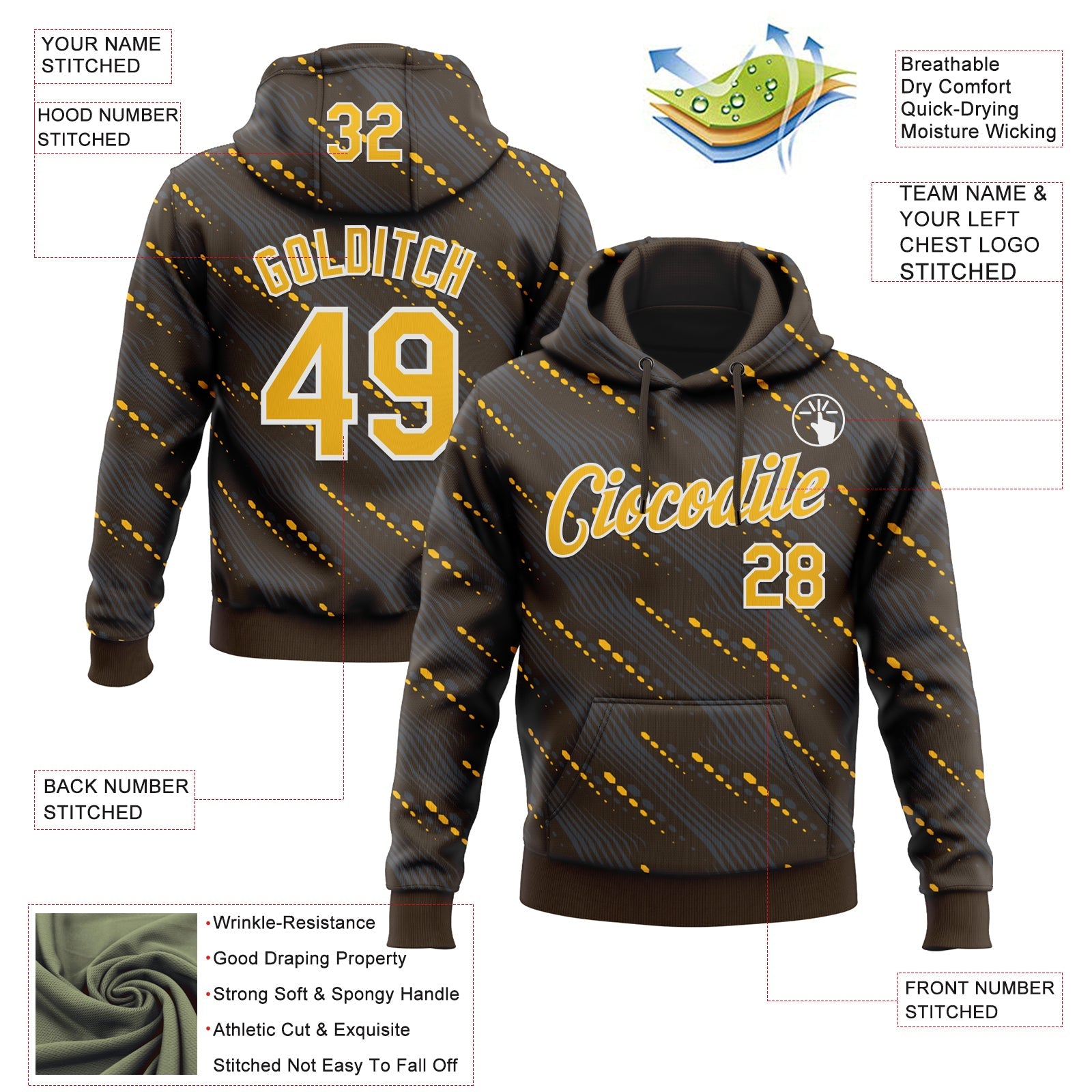 Custom Stitched Brown Gold-White Slant Lines Sports Pullover Sweatshirt Hoodie