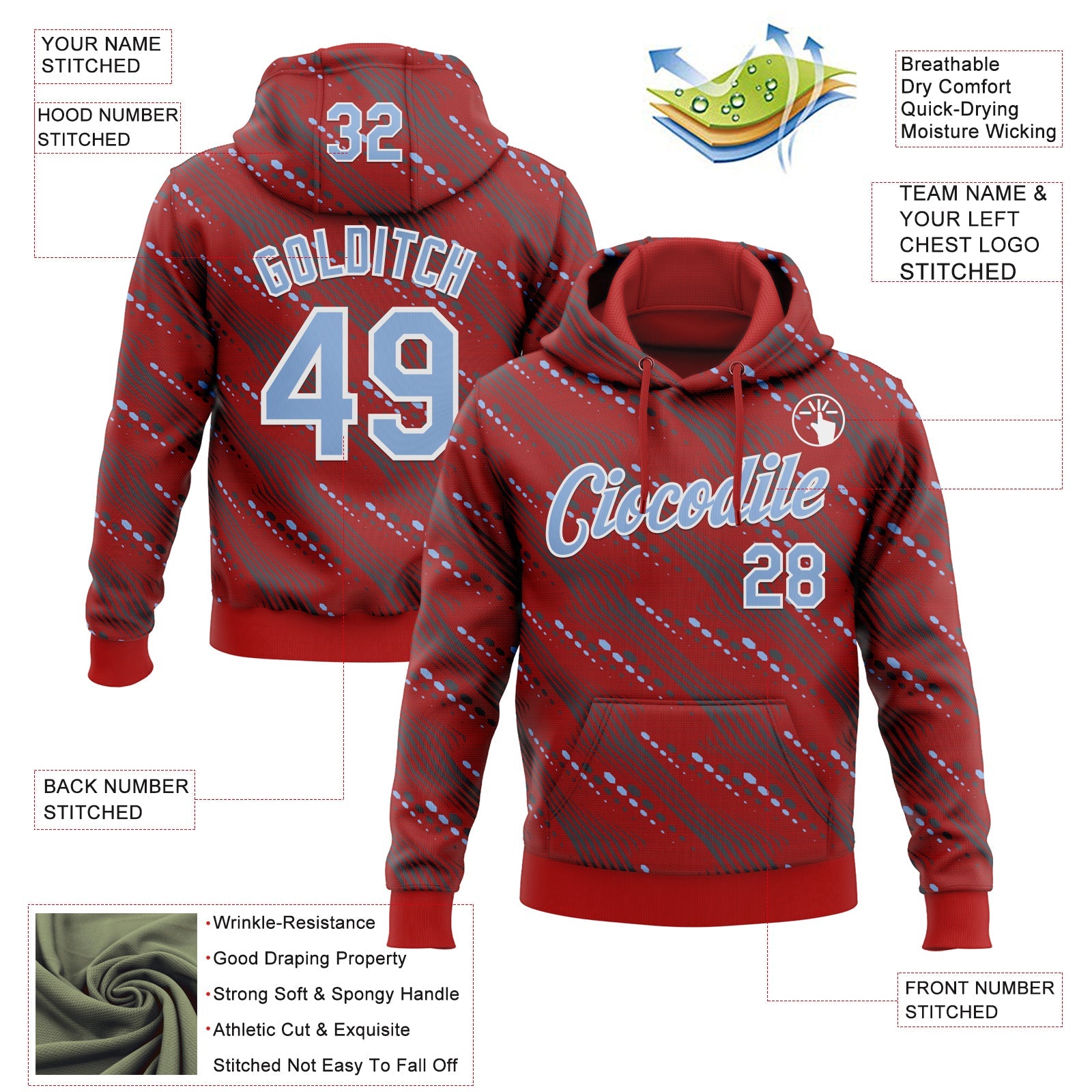 Custom Stitched Red Light Blue-White Slant Lines Sports Pullover Sweatshirt Hoodie