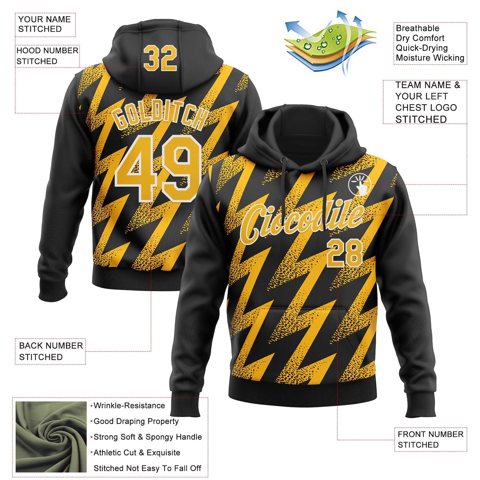 Custom Stitched Black Gold-White Zigzag Shape Sports Pullover Sweatshirt Hoodie