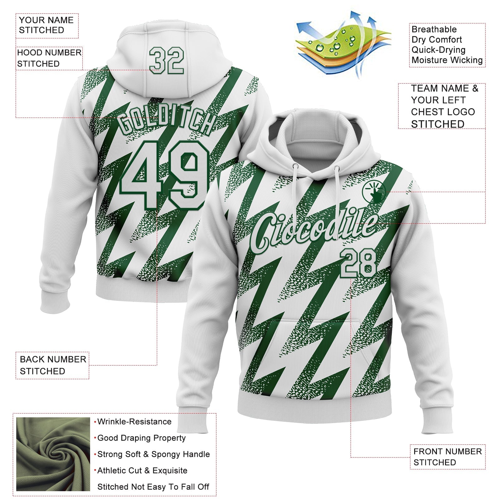 Custom Stitched White Green Zigzag Shape Sports Pullover Sweatshirt Hoodie
