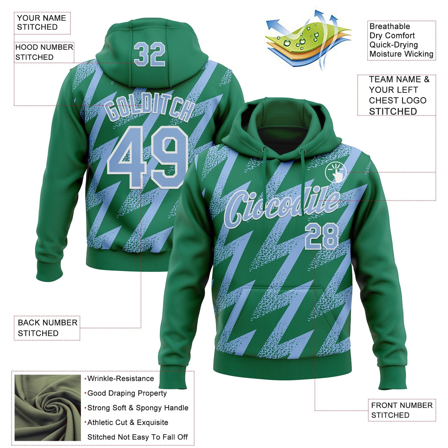 Custom Stitched Kelly Green Light Blue-White Zigzag Shape Sports Pullover Sweatshirt Hoodie