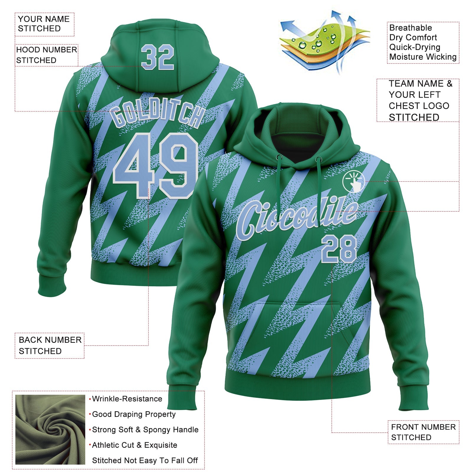 Custom Stitched Kelly Green Light Blue-White Zigzag Shape Sports Pullover Sweatshirt Hoodie