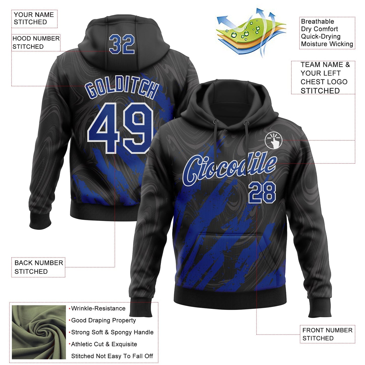 Custom Stitched Black Royal-White Splash Sports Pullover Sweatshirt Hoodie