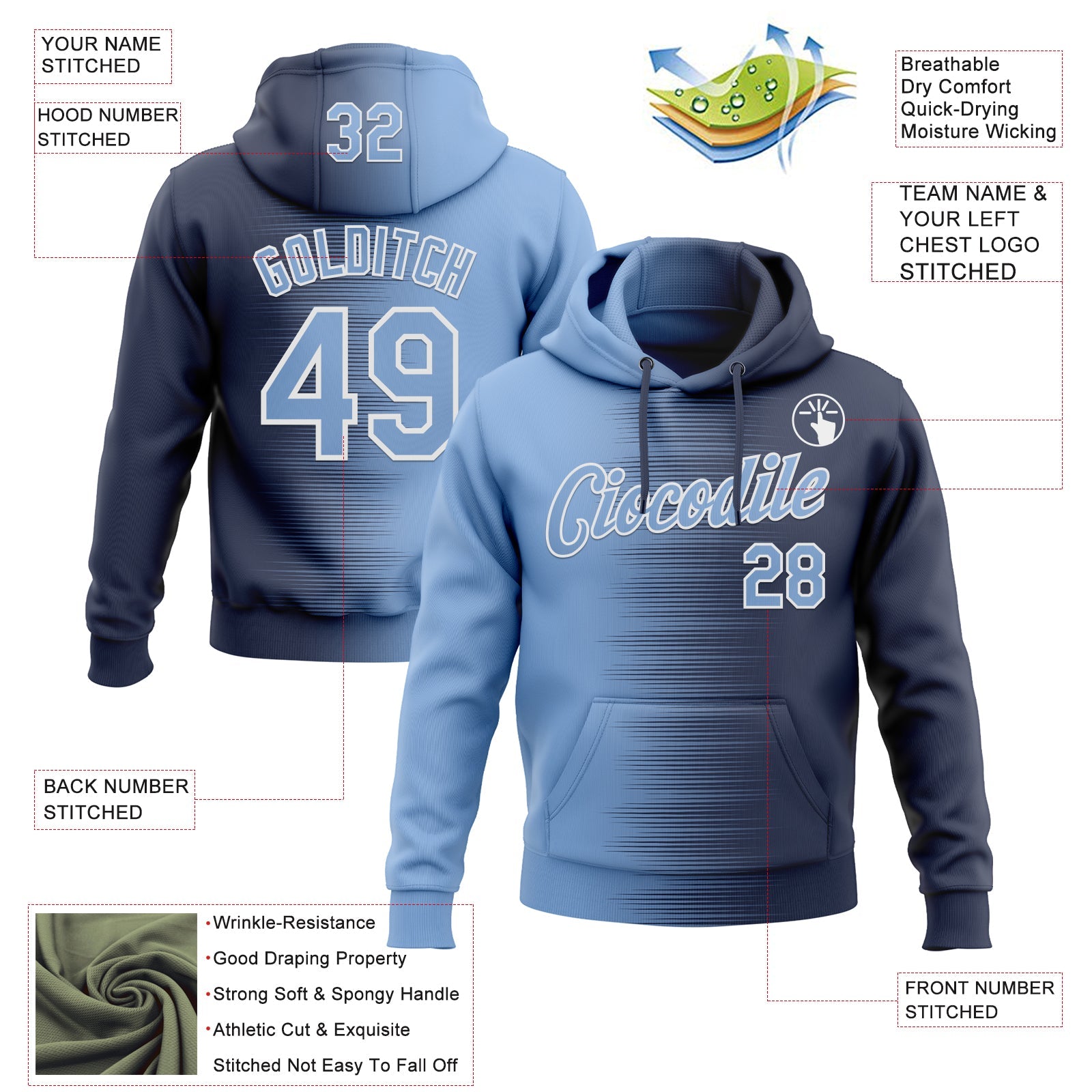 Custom Stitched Navy Light Blue-White Gradient Line Sports Pullover Sweatshirt Hoodie