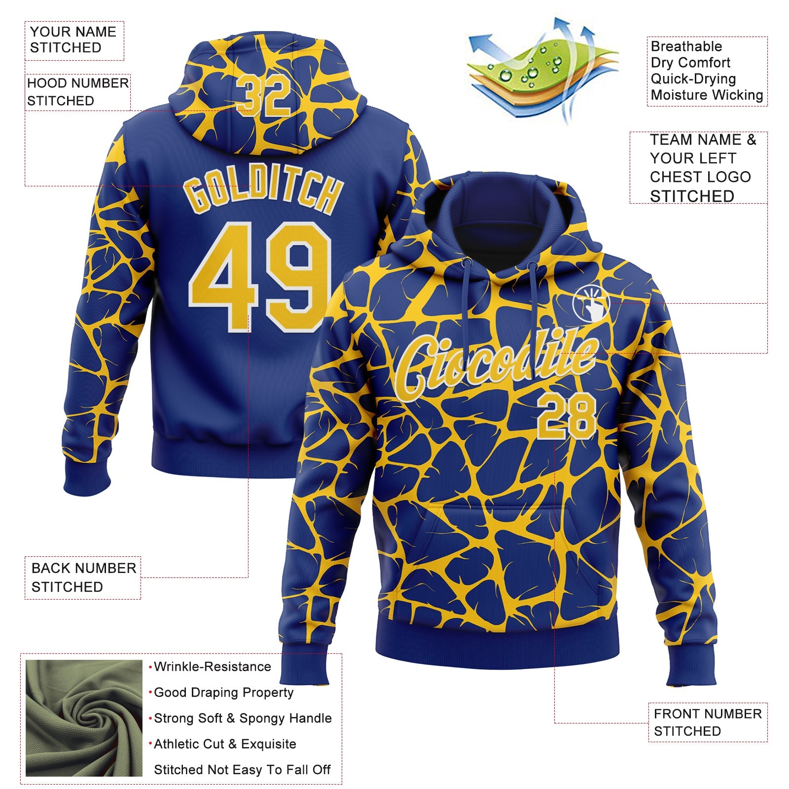 Custom Stitched Royal Yellow-White Abstract Network Pattern Sports Pullover Sweatshirt Hoodie