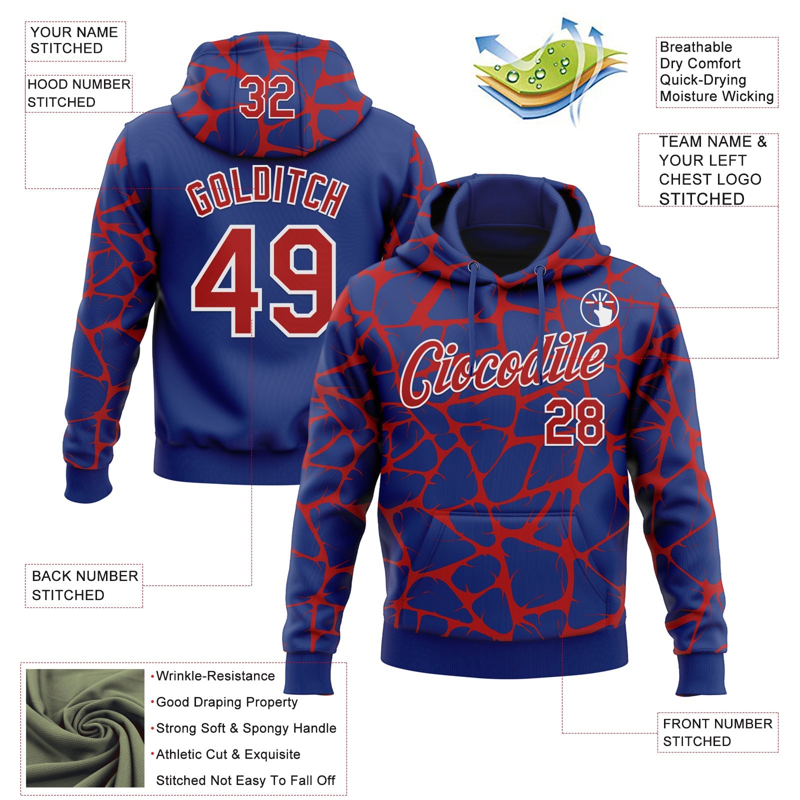 Custom Stitched Royal Red-White Abstract Network Pattern Sports Pullover Sweatshirt Hoodie