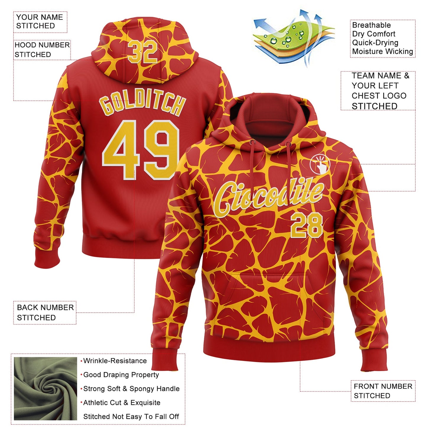 Custom Stitched Red Gold-White Abstract Network Pattern Sports Pullover Sweatshirt Hoodie